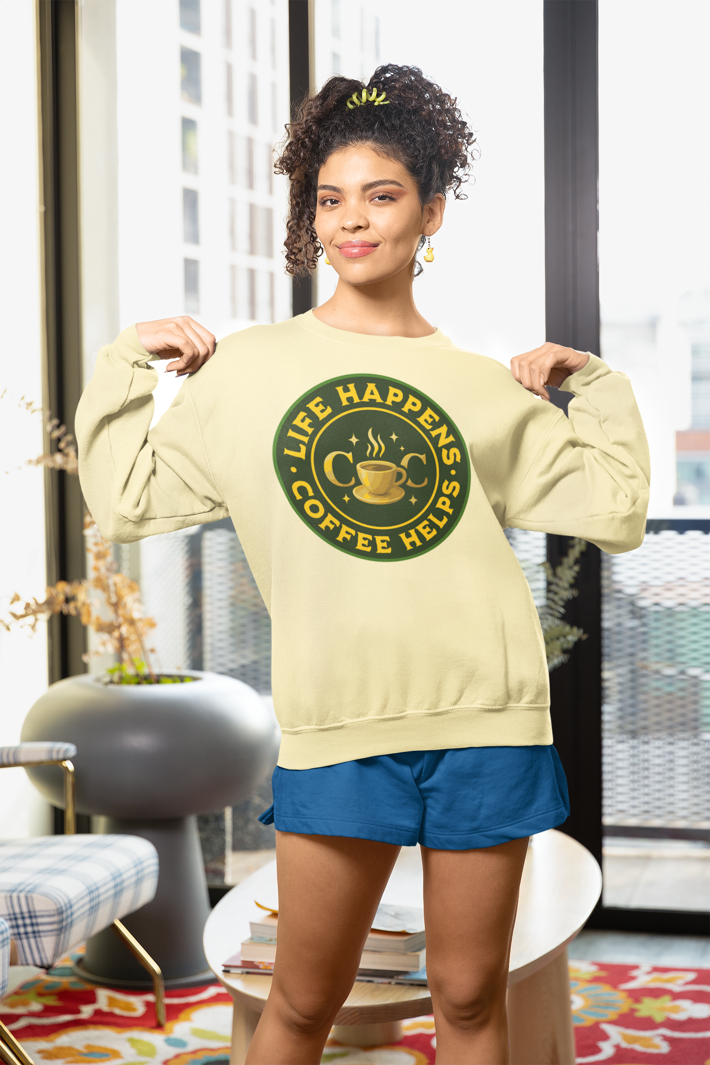 Coffee Helps Sweatshirt — "Life Happens, Coffee Helps" Cozy Crewneck Holiday Gift 