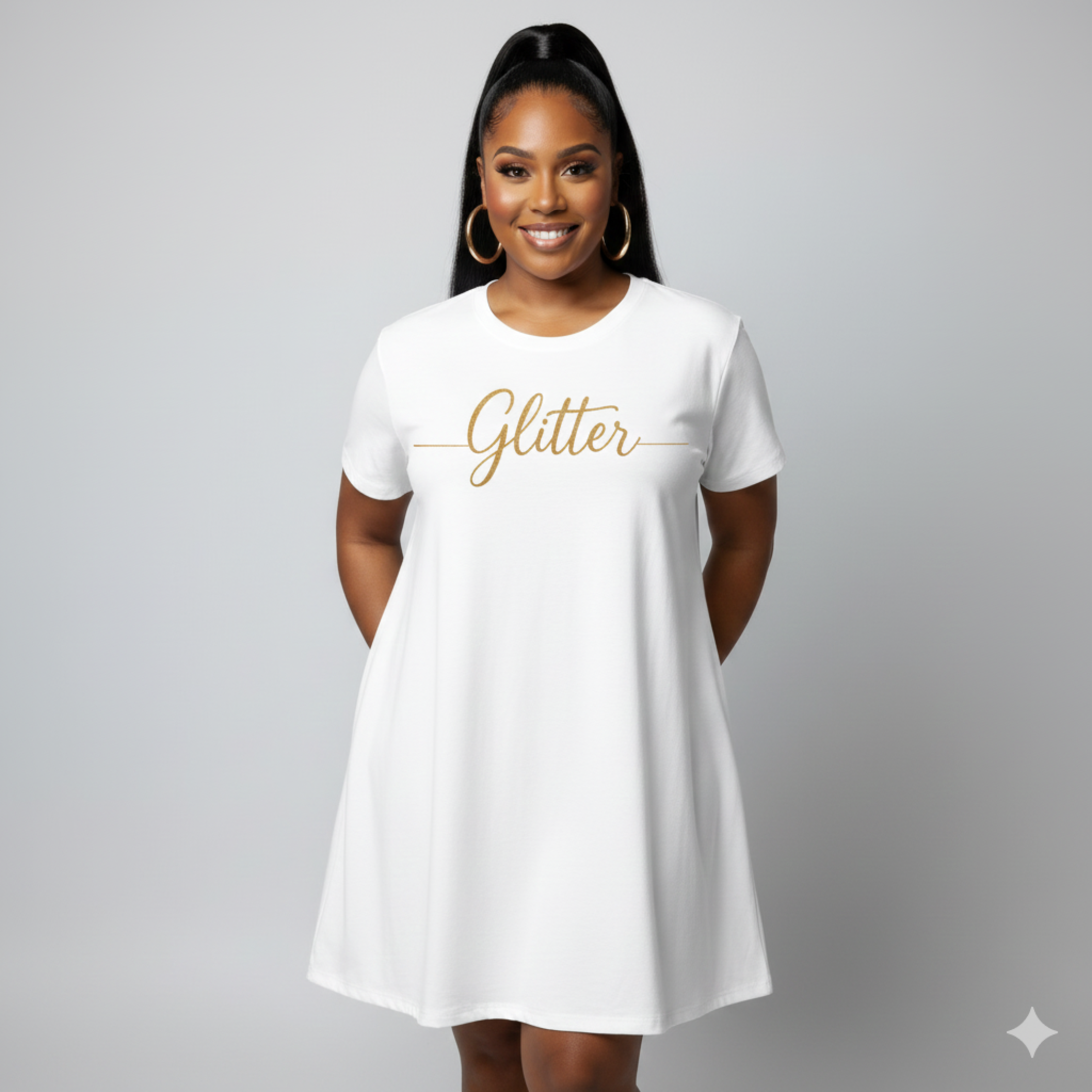 Glitter Script T-Shirt Dress – Gold Handwritten Graphic product thumbnail image Glitter Script T-Shirt Dress – Gold Handwritten Graphic product thumbnail image