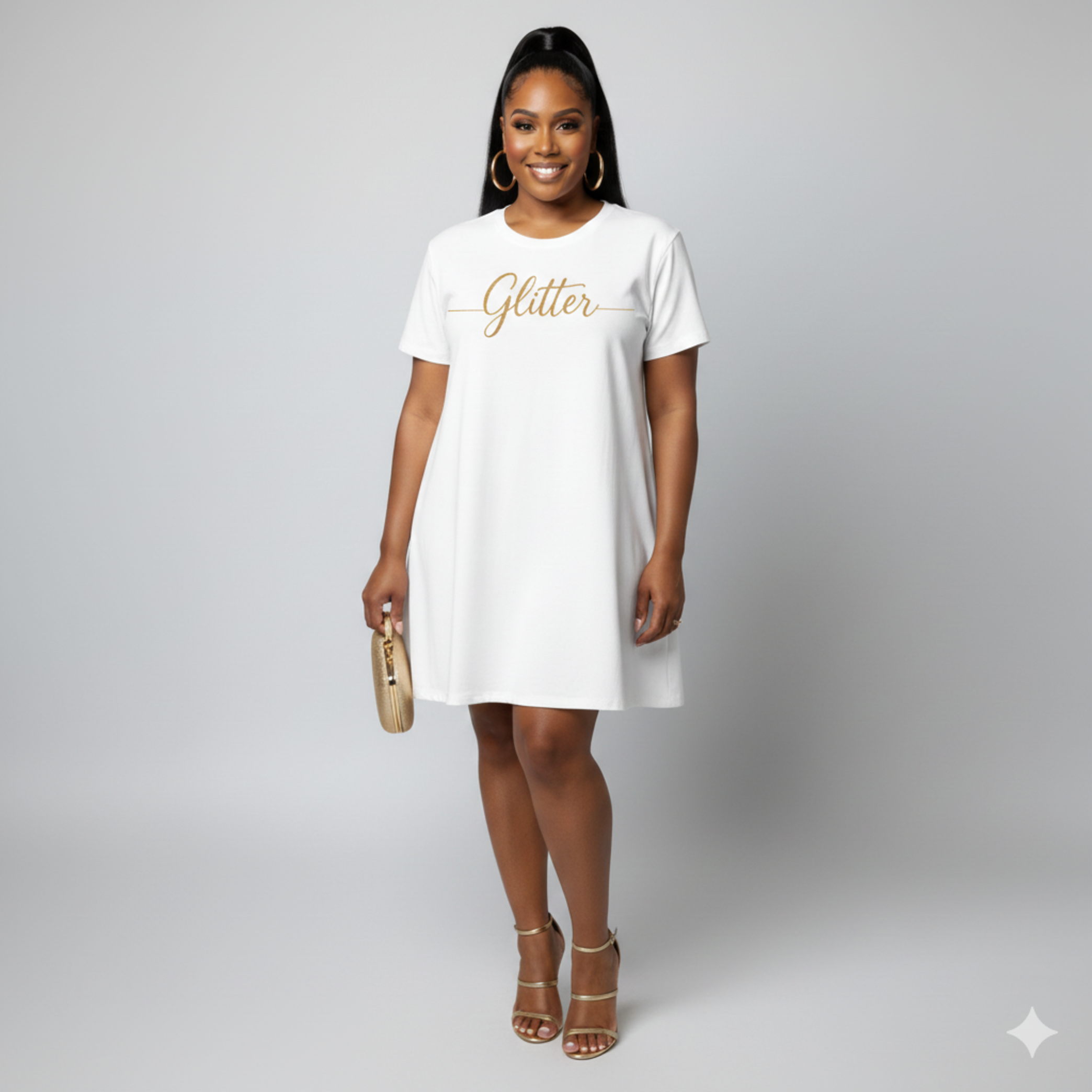 Glitter Script T-Shirt Dress – Gold Handwritten Graphic