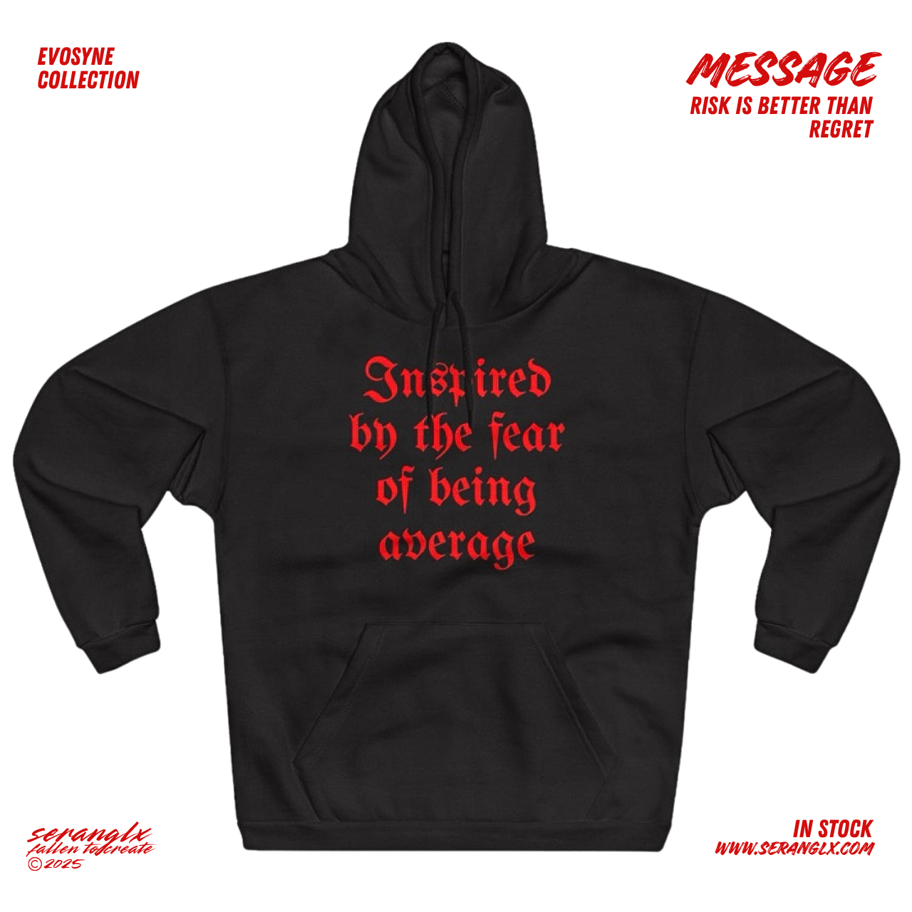 Inspirational Streetwear Hoodie "Inspired By The Fear Of Being Average" Black &amp; Red Pullover Unisex