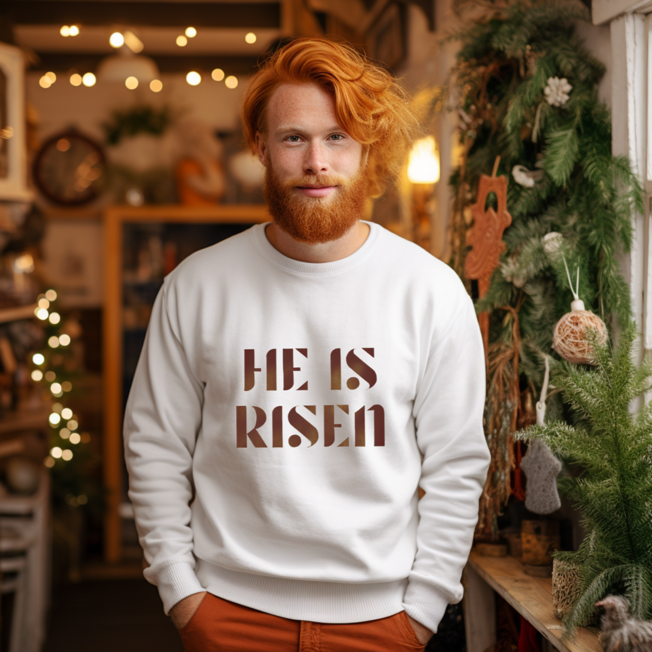 He Is Risen Script Sweatshirt — Christian Crewneck Pullover, Christian Faith Gifts product thumbnail image He Is Risen Script Sweatshirt — Christian Crewneck Pullover, Christian Faith Gifts product thumbnail image