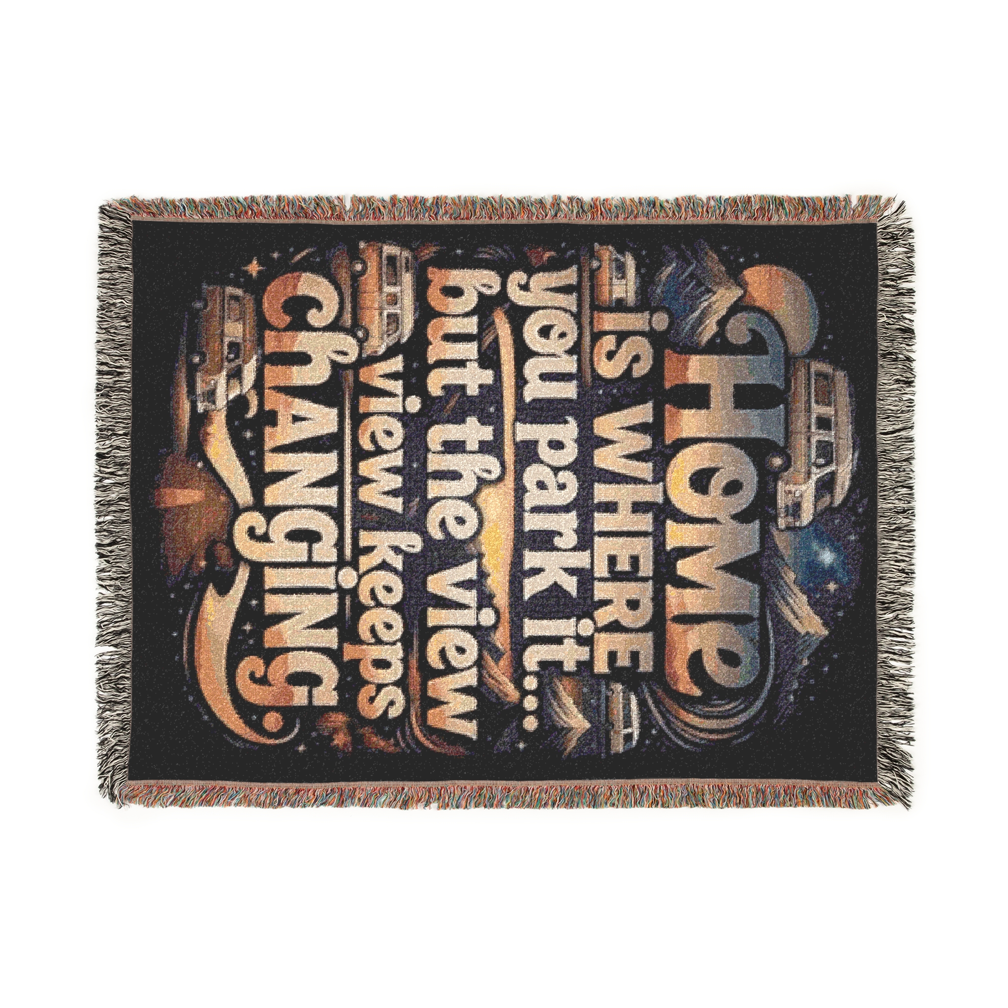 Woven Blanket — "Home Is Where You Park It -But The View keep Changing" RV Camper Vintage Roadtrip Camping Throw Woven Blanket — "Home Is Where You Park It -But The View keep Changing" RV Camper Vintage Roadtrip Camping Throw