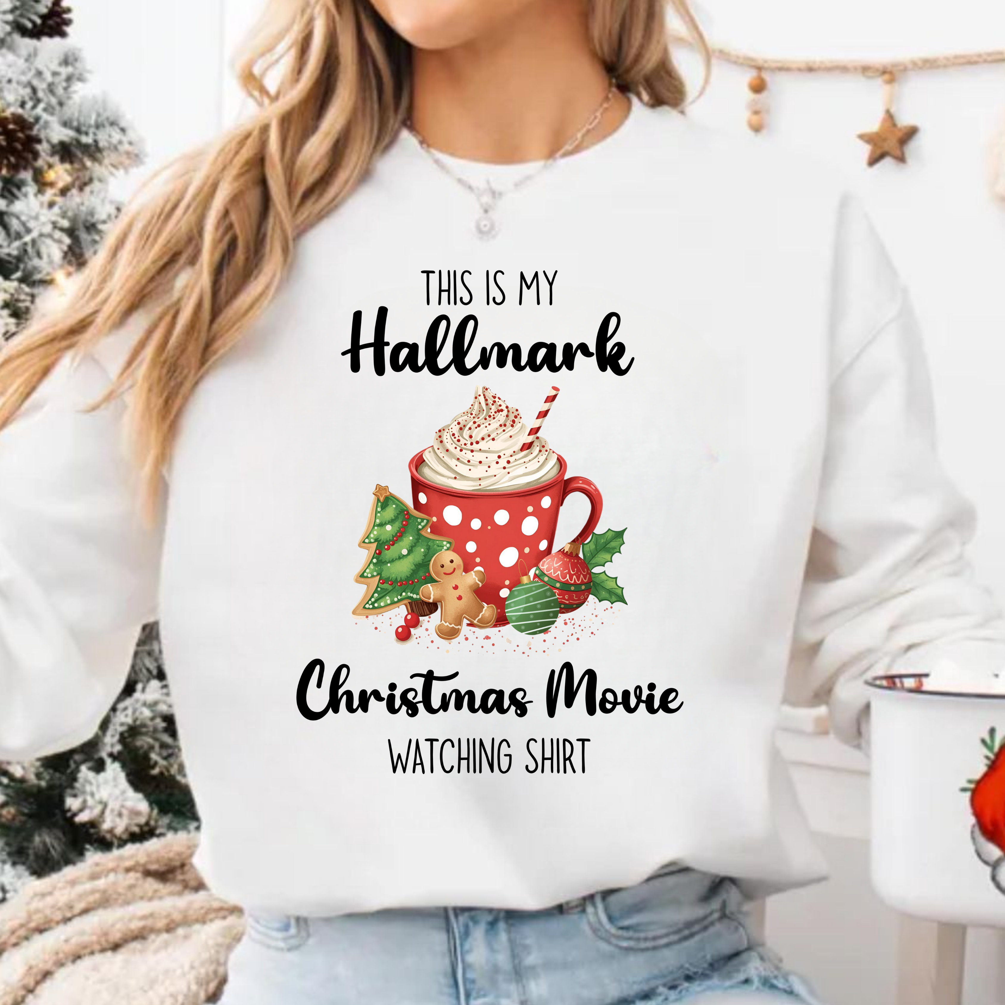 Hallmark Christmas Movie Watching Sweatshirt — Cozy Holiday Crewneck with Hot Cocoa Design