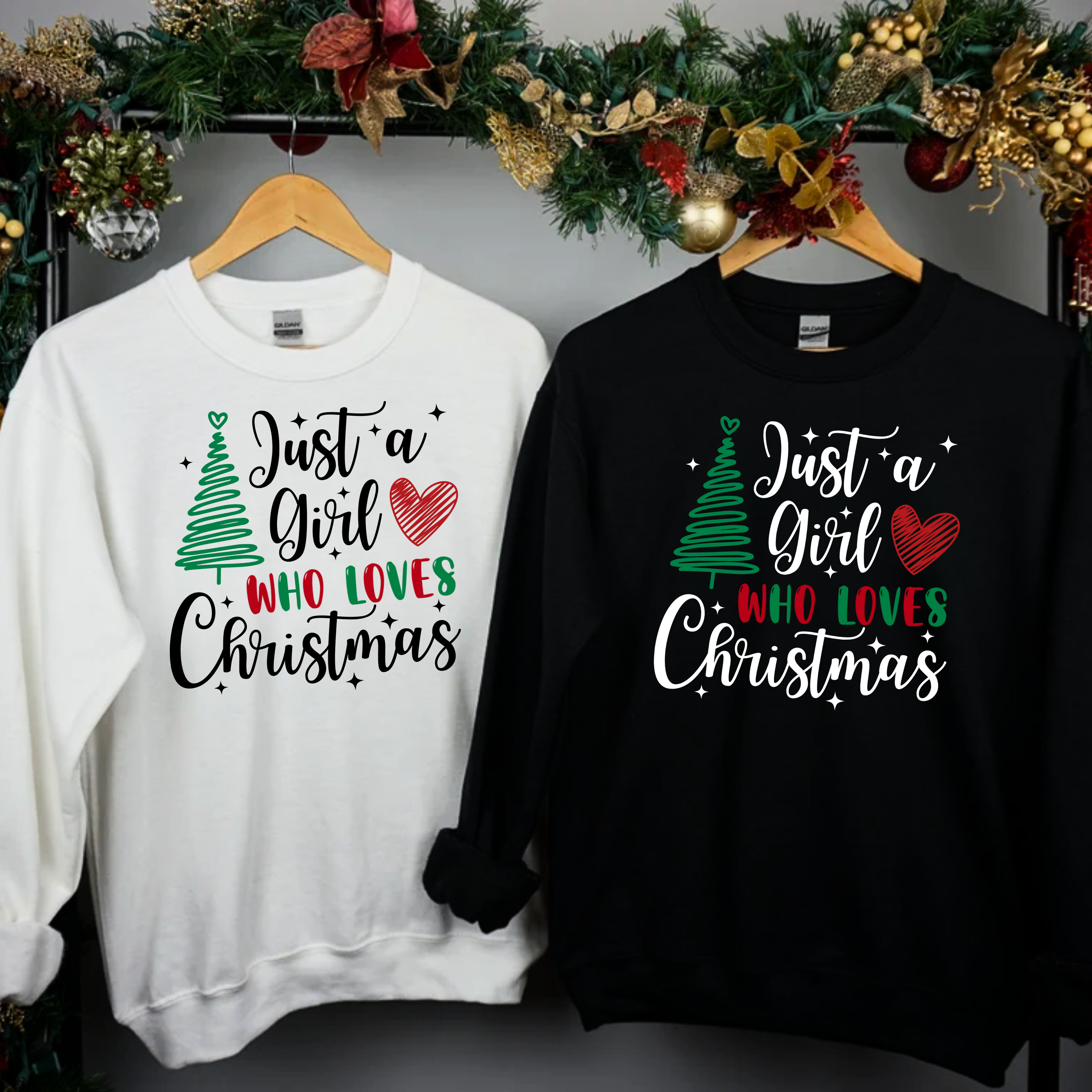 "Just a Girl Who Loves Christmas" Bright & Bold Holiday Crewneck "Just a Girl Who Loves Christmas" Bright & Bold Holiday Crewneck