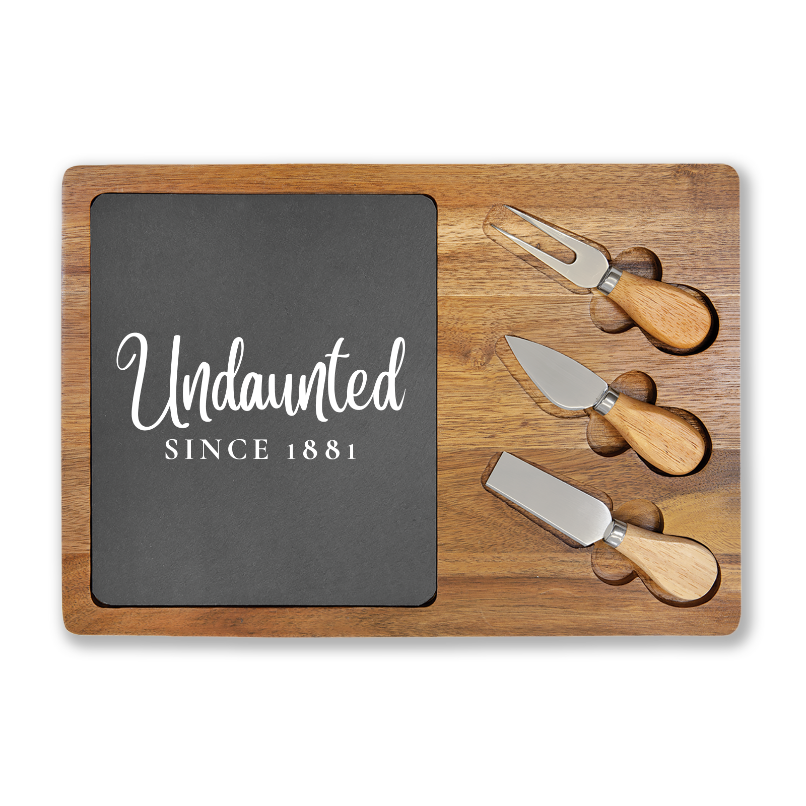 Engraved Acacia Charcuterie Board with Slate Insert & Cheese Knives product thumbnail image Engraved Acacia Charcuterie Board with Slate Insert & Cheese Knives product thumbnail image