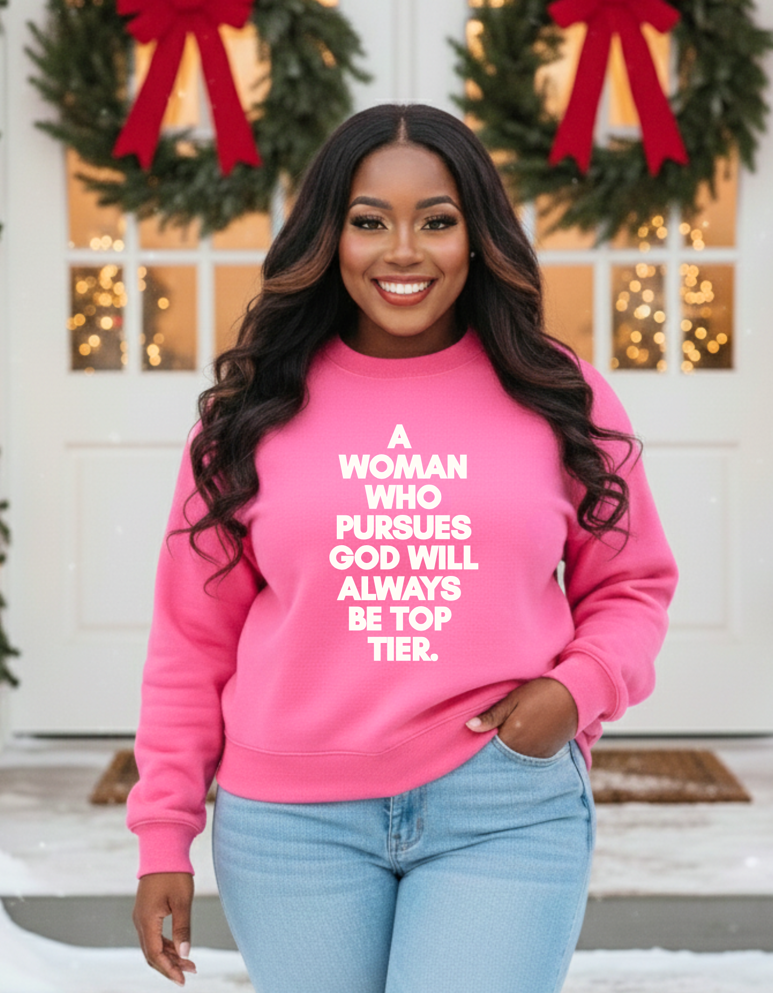 Faith Based Sweatshirt: “A Woman Who Pursues God Will Always Be Top Tier” Crewneck Faith Based Sweatshirt: “A Woman Who Pursues God Will Always Be Top Tier” Crewneck