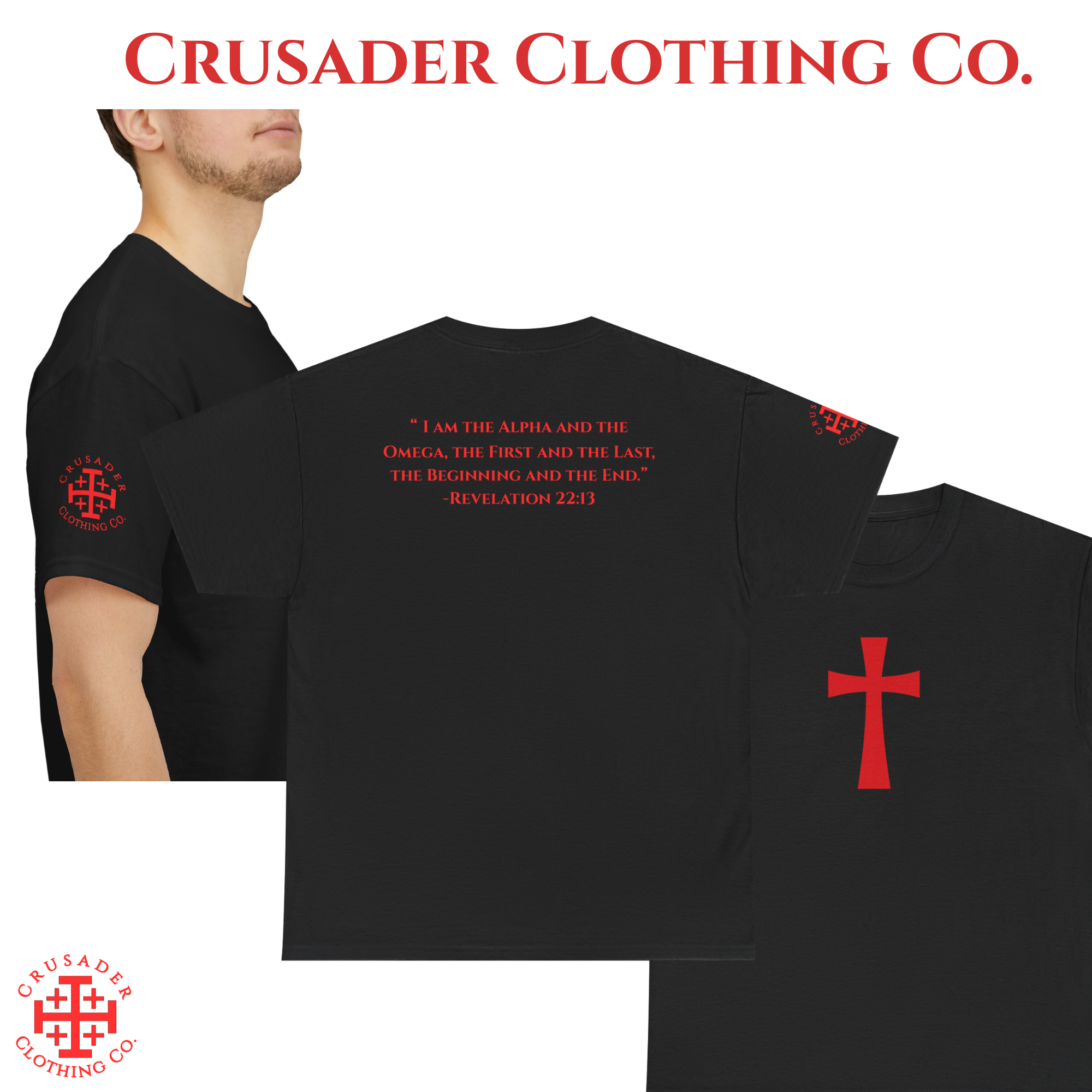 “Alpha &amp; Omega” Christian Crusader Tee – Revelation 22:13 | Red Letter Scripture Shirt product thumbnail image