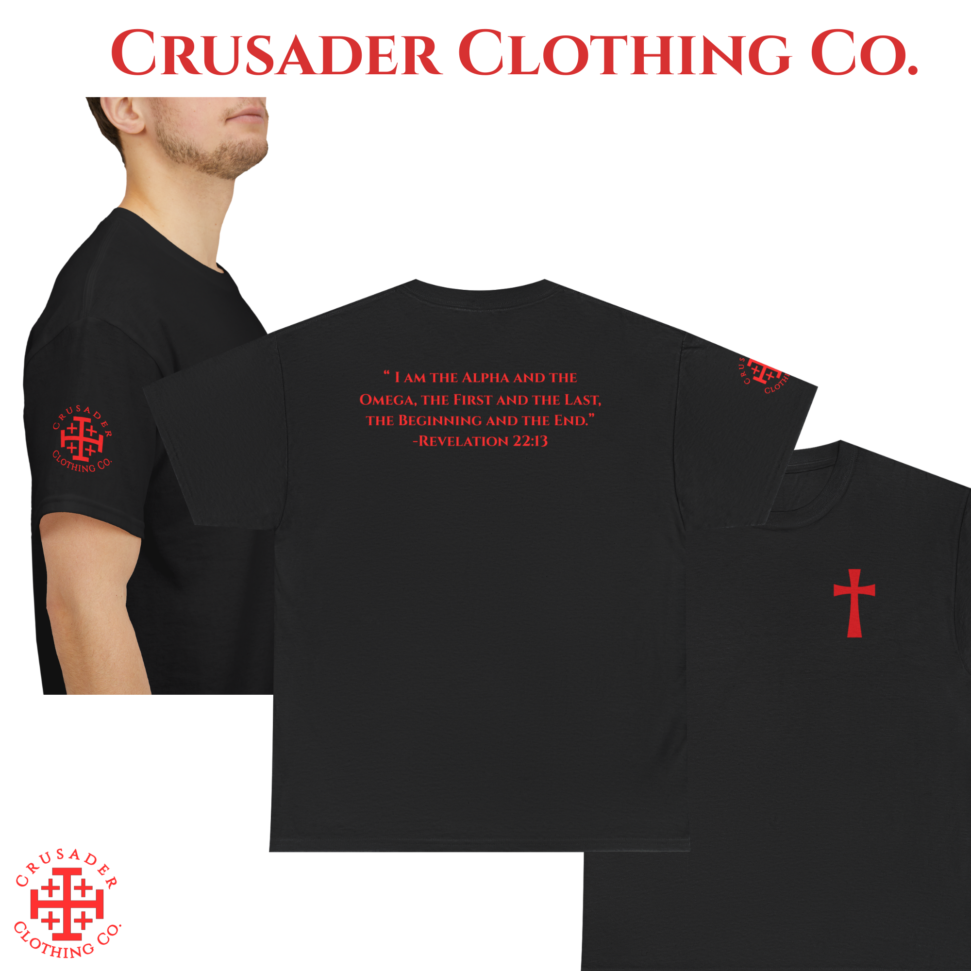 Alpha &amp; Omega | Revelation 22:13 Christian T-Shirt – Crusader Cross Front + Red Letter Scripture Back