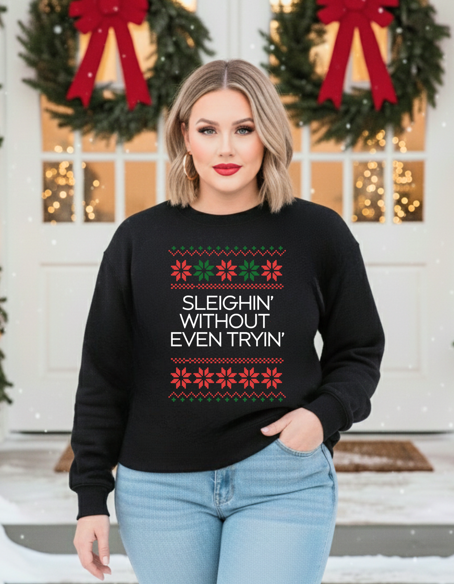 Sleighin' Without Even Tryin' Sweatshirt — Funny Festive Flirty Woman's Holiday Crewneck product thumbnail image