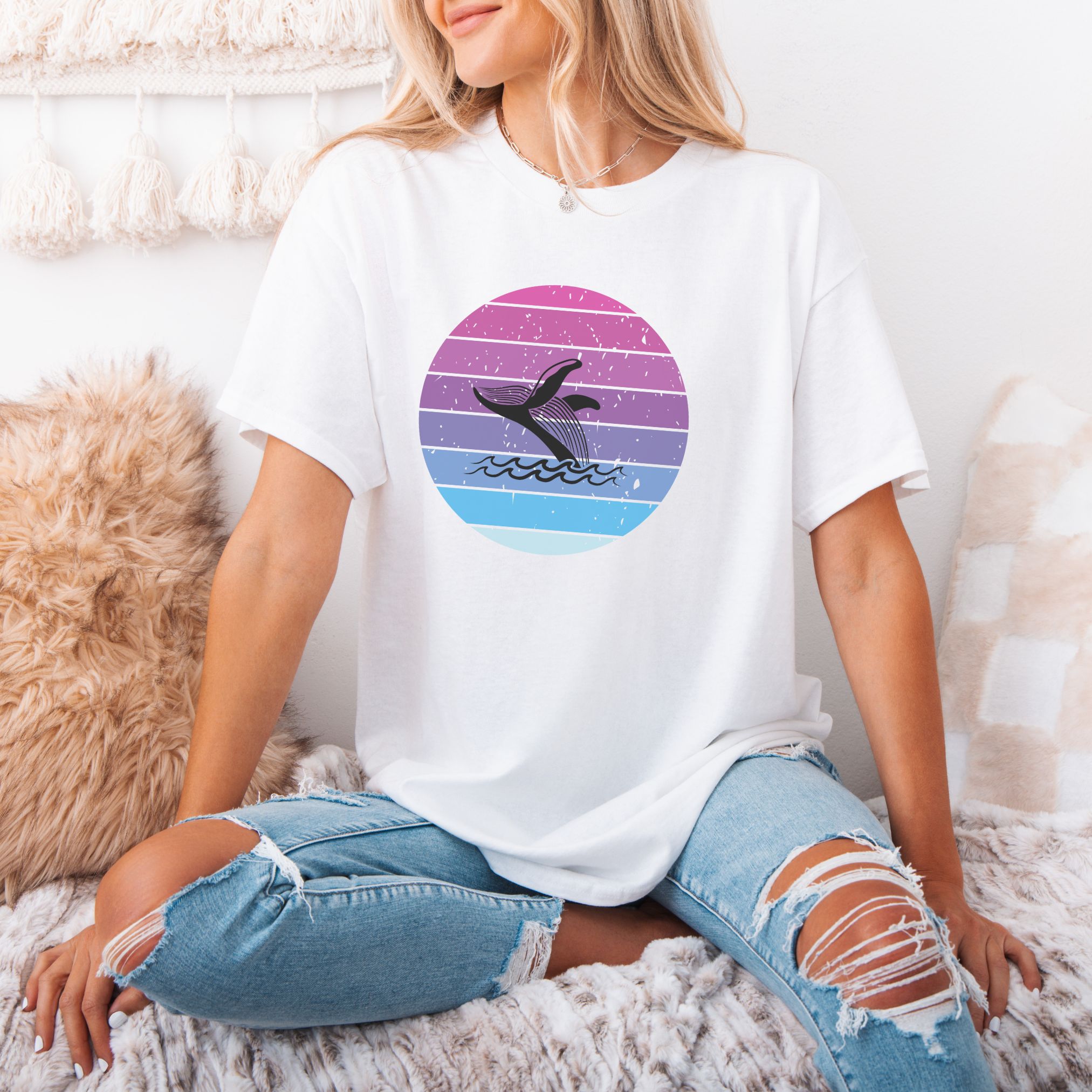Retro Sunset Whale T-Shirt — Vintage Ocean Whale Lovers Tee Retro Sunset Whale T-Shirt — Vintage Ocean Whale Lovers Tee