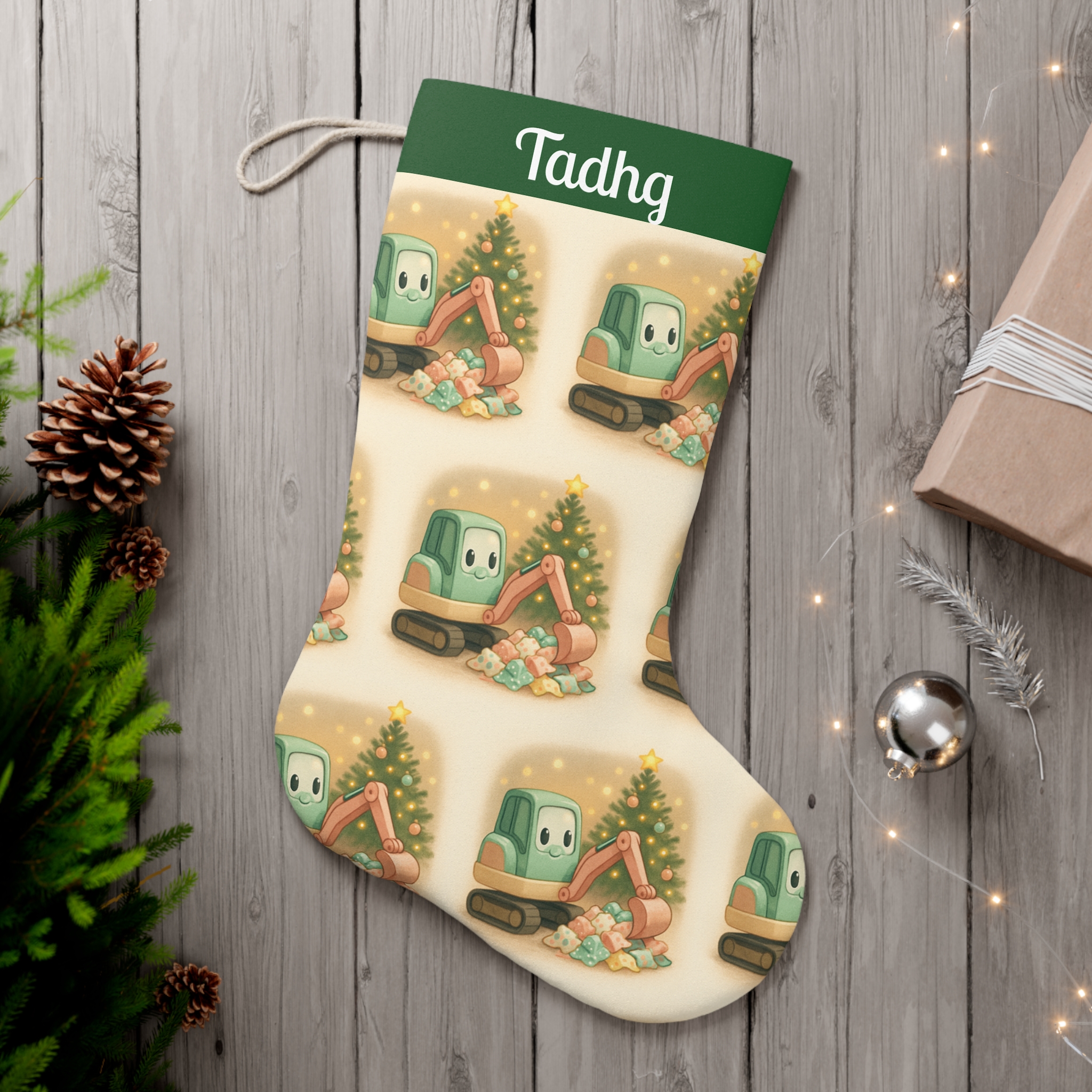 Christmas Digger Stocking, Personalized Xmas Gift, Kids Santa Sock, Holiday Decoration, Custom Name Present Bag, Festive Truck Sock