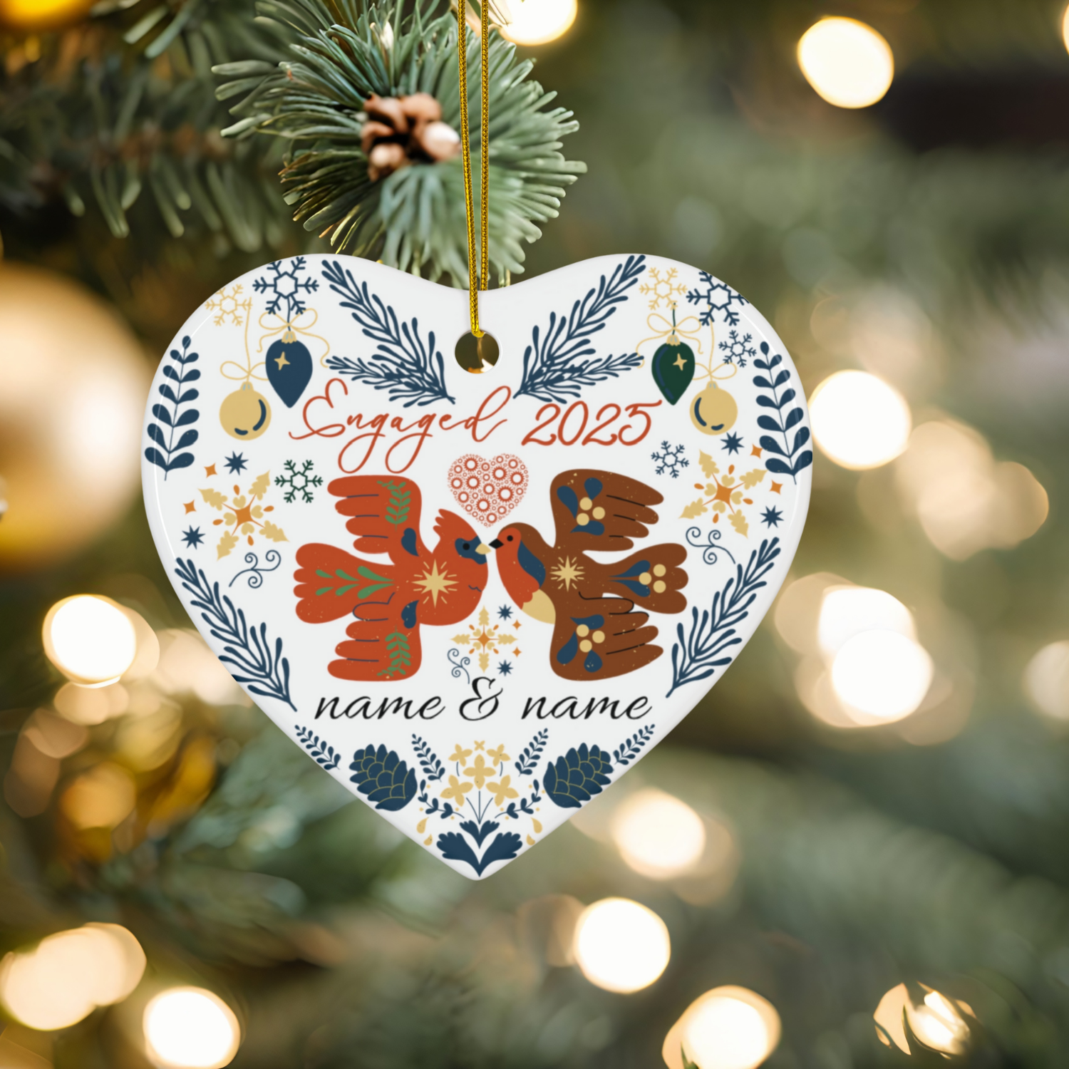 Engaged 2025 Personalized Christmas Ornament, Heart Shape Nordic-style Heirloom Gift