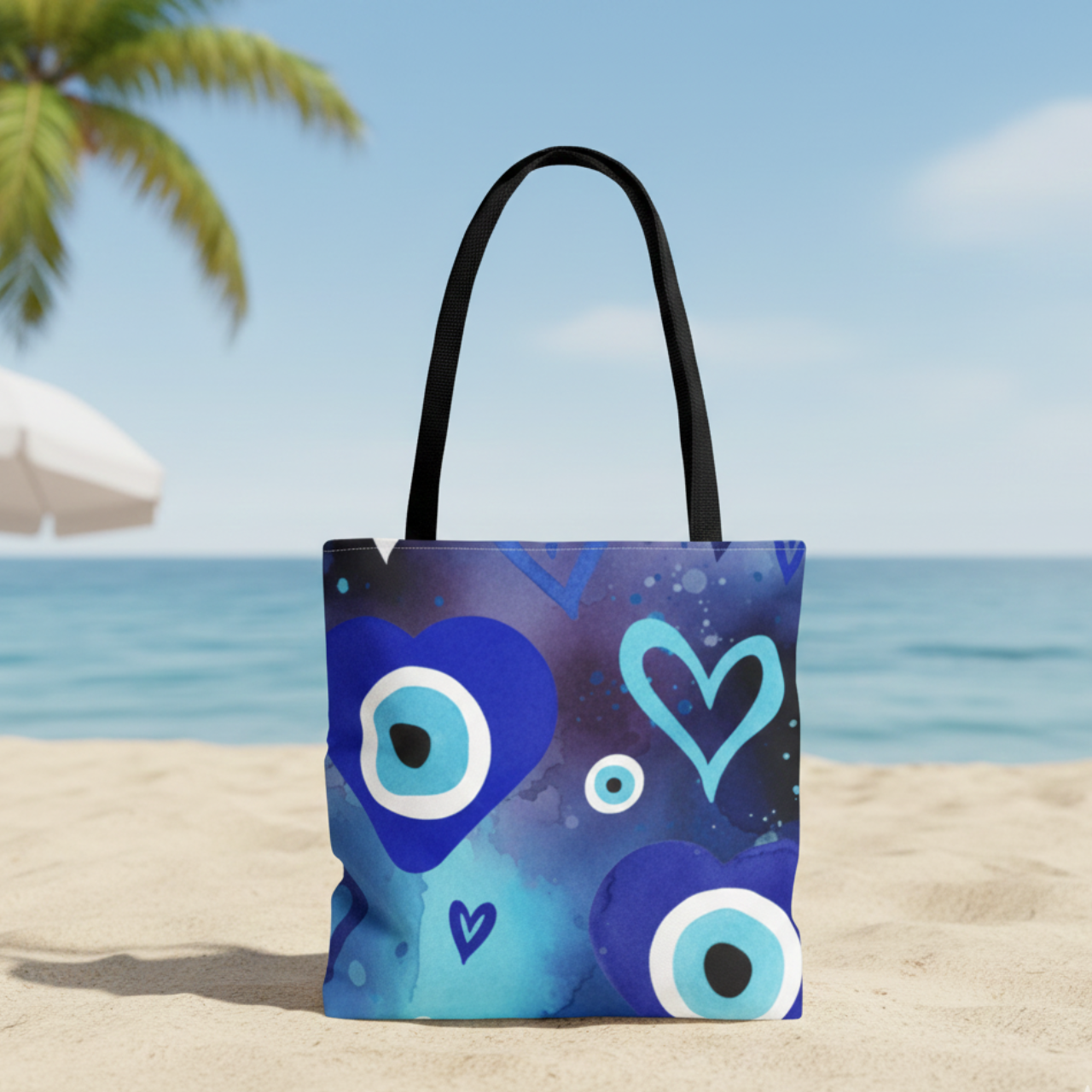 Watercolor Evil Eye Tote Bag, All Over Print Beach Tote With Black Handles, Blue Nazar Eye Bag, Boho Coastal Shopper, Summer Bag product thumbnail image Watercolor Evil Eye Tote Bag, All Over Print Beach Tote With Black Handles, Blue Nazar Eye Bag, Boho Coastal Shopper, Summer Bag product thumbnail image
