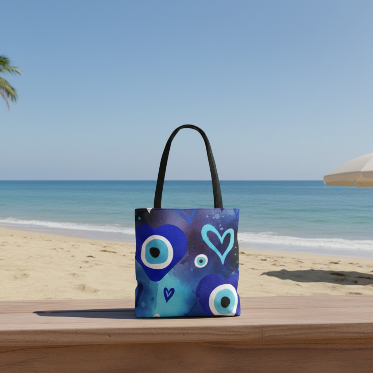 Watercolor Evil Eye Tote Bag, All Over Print Beach Tote With Black Handles, Blue Nazar Eye Bag, Boho Coastal Shopper, Summer Bag product thumbnail image