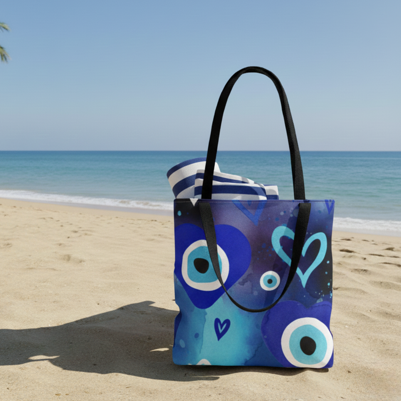 Watercolor Evil Eye Tote Bag, All Over Print Beach Tote With Black Handles, Blue Nazar Eye Bag, Boho Coastal Shopper, Summer Bag product thumbnail image