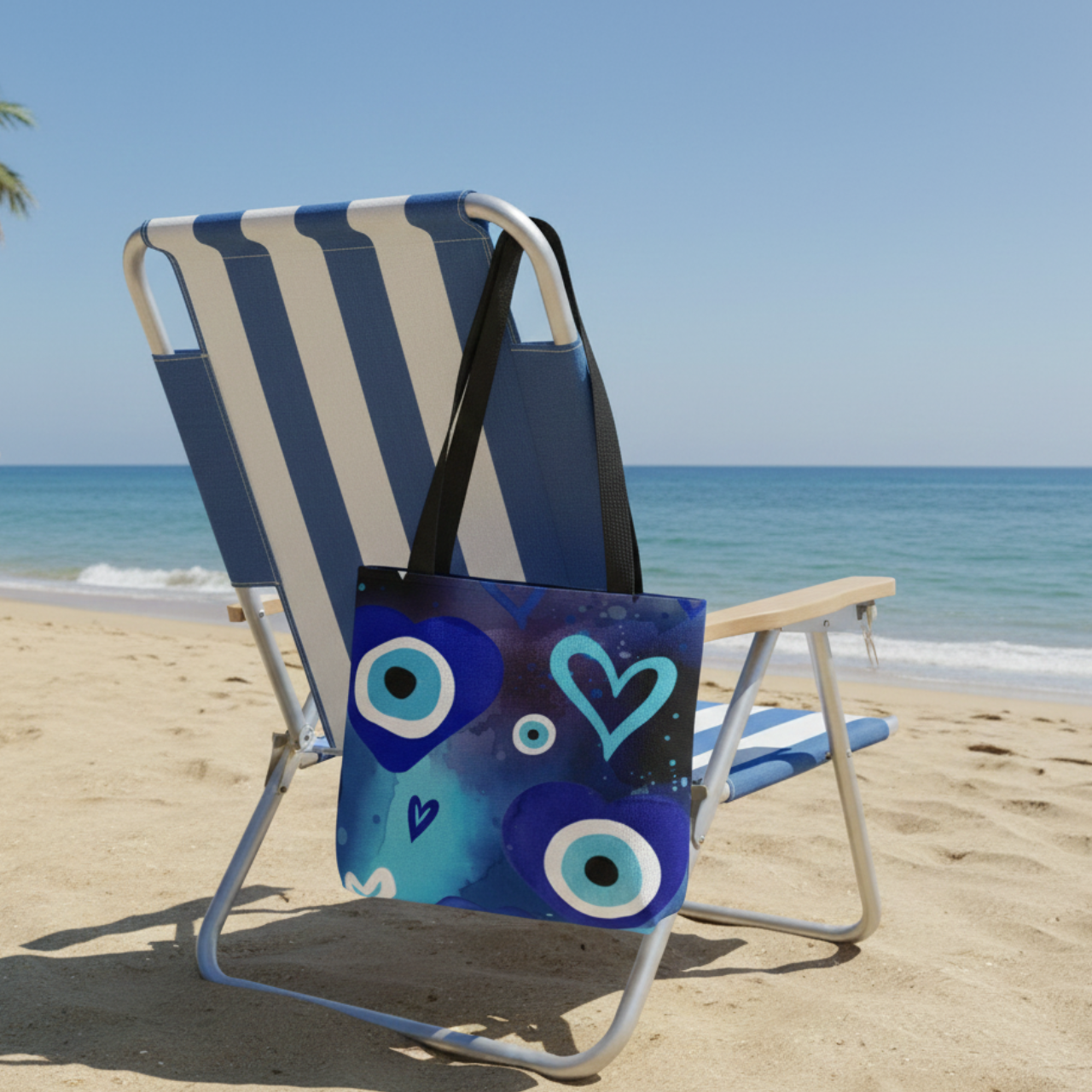 Watercolor Evil Eye Tote Bag, All Over Print Beach Tote With Black Handles, Blue Nazar Eye Bag, Boho Coastal Shopper, Summer Bag product thumbnail image