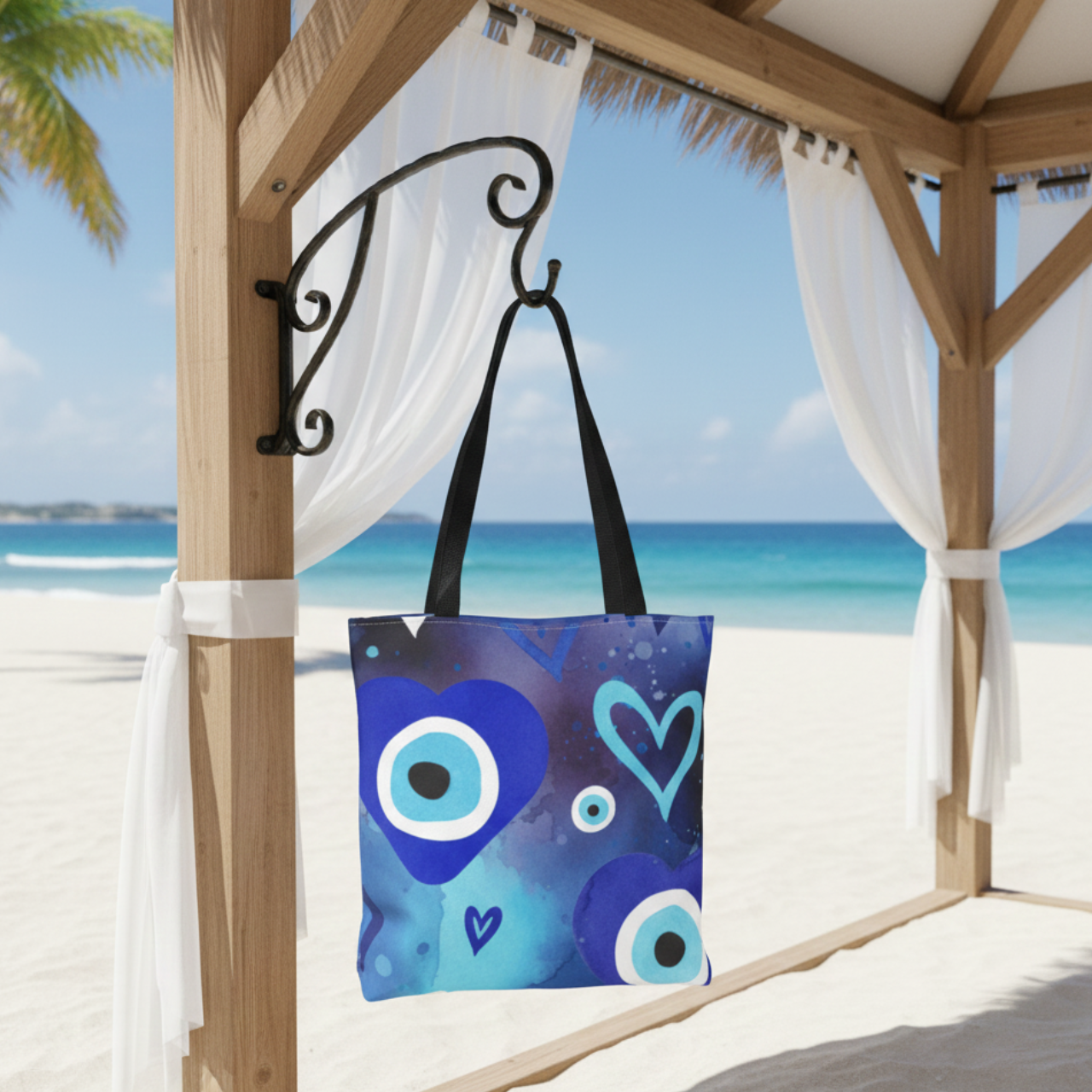 Watercolor Evil Eye Tote Bag, All Over Print Beach Tote With Black Handles, Blue Nazar Eye Bag, Boho Coastal Shopper, Summer Bag product thumbnail image