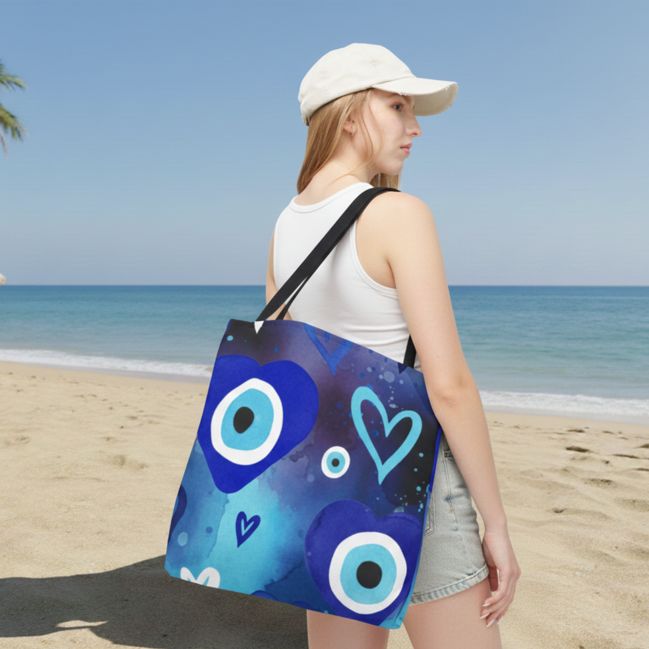 Watercolor Evil Eye Tote Bag, All Over Print Beach Tote With Black Handles, Blue Nazar Eye Bag, Boho Coastal Shopper, Summer Bag product thumbnail image Watercolor Evil Eye Tote Bag, All Over Print Beach Tote With Black Handles, Blue Nazar Eye Bag, Boho Coastal Shopper, Summer Bag product thumbnail image
