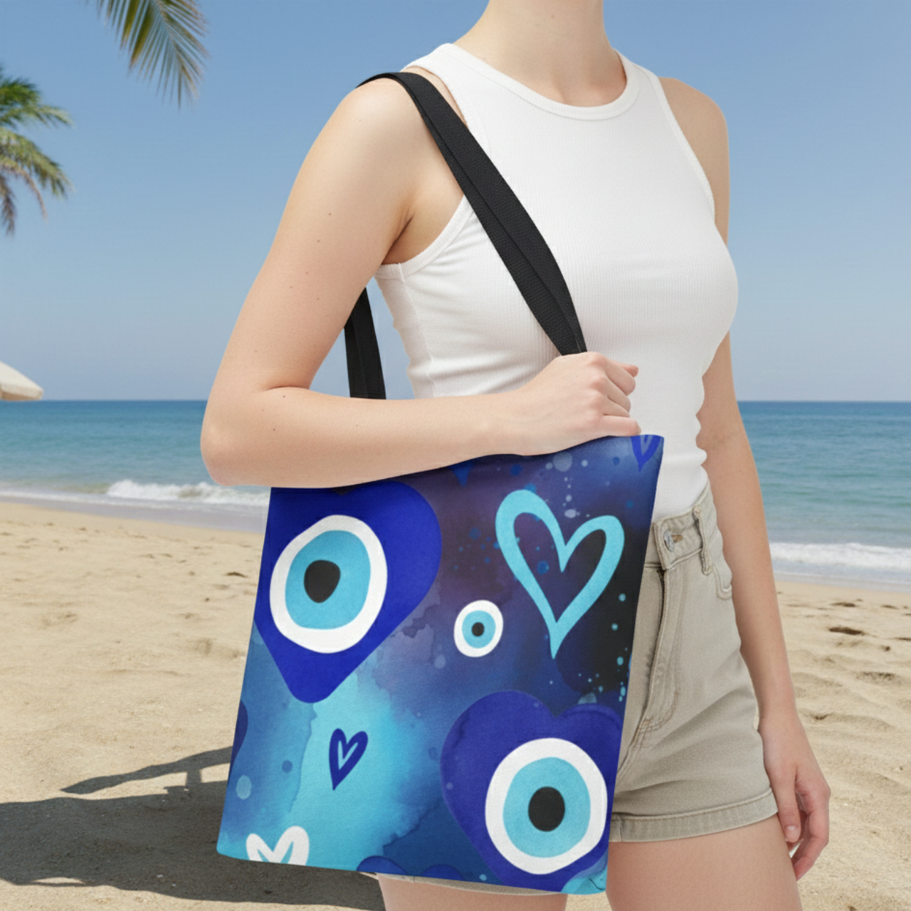 Watercolor Evil Eye Tote Bag, All Over Print Beach Tote With Black Handles, Blue Nazar Eye Bag, Boho Coastal Shopper, Summer Bag