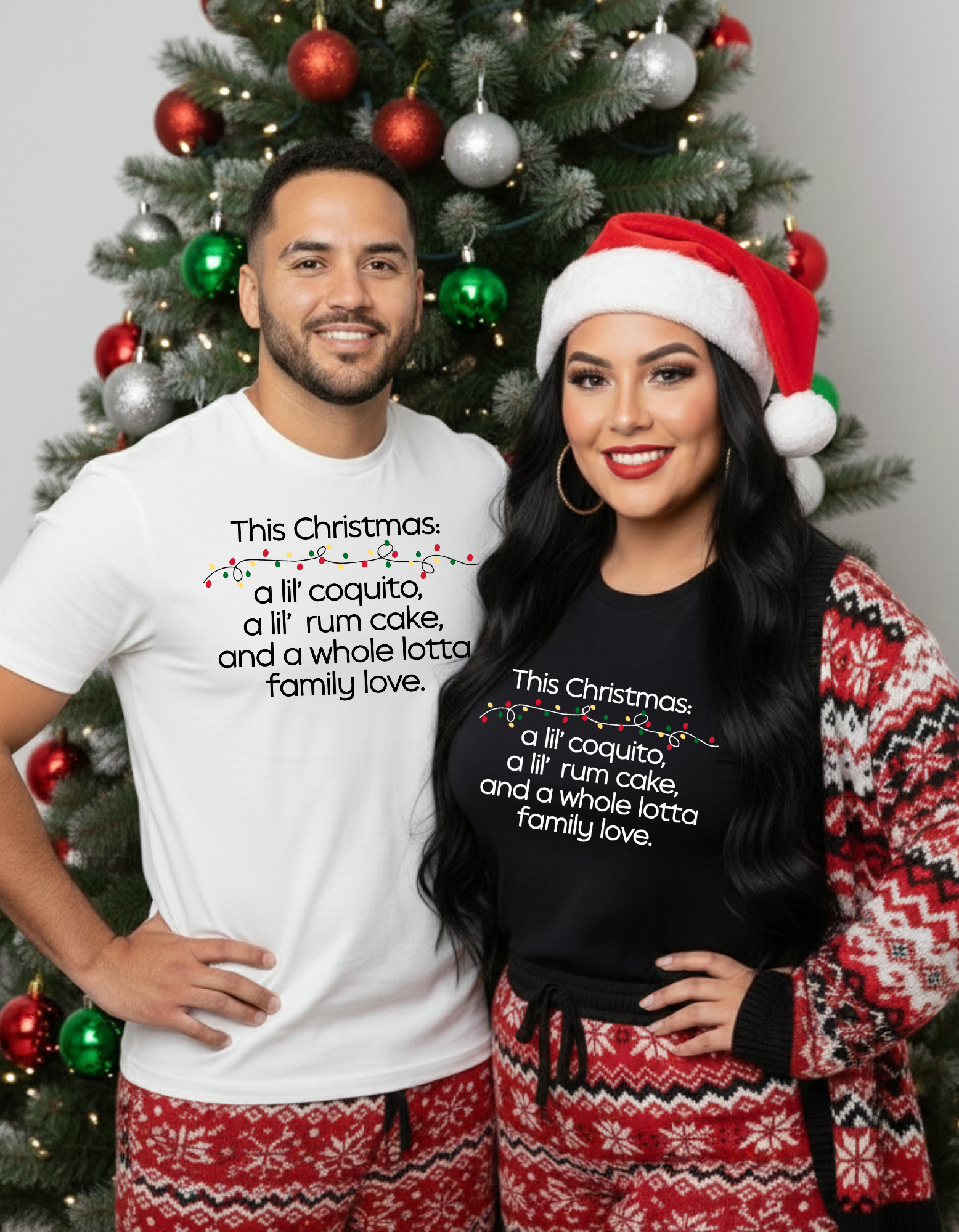 Christmas T-Shirt Latin Carribbean Inspired — Unisex "This Christmas: a lil' coquito, a lil' rum cake, and a whole lotta family love" Christmas T-Shirt Latin Carribbean Inspired — Unisex "This Christmas: a lil' coquito, a lil' rum cake, and a whole lotta family love"