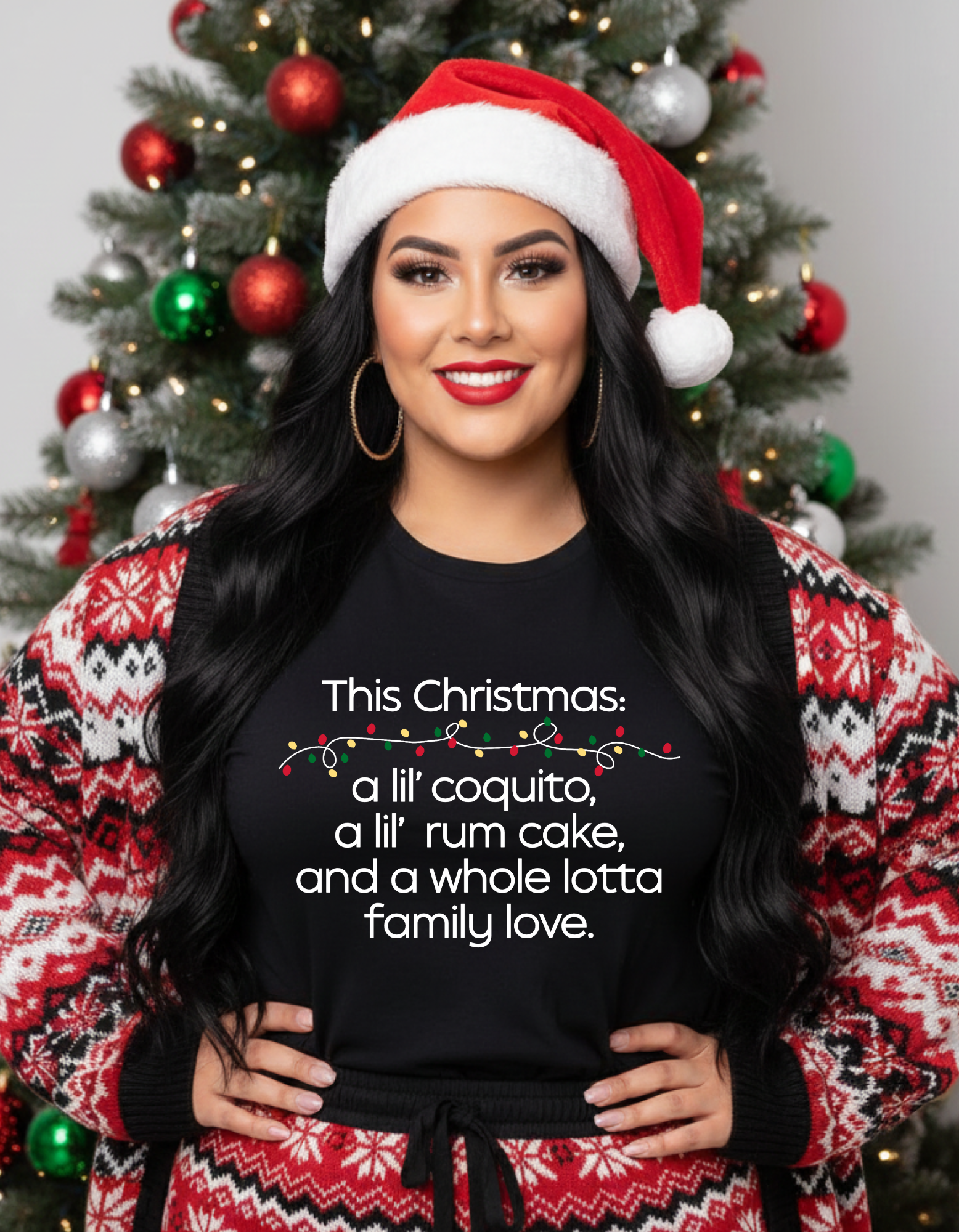 Christmas T-Shirt Latin Carribbean Inspired — Unisex "This Christmas: a lil' coquito, a lil' rum cake, and a whole lotta family love" product thumbnail image