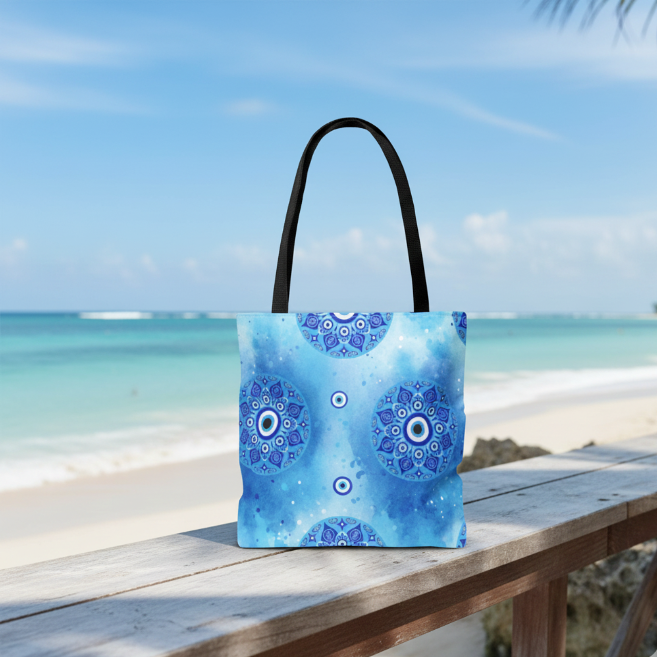 Blue Evil Eye Mandala Tote Bag | Watercolor Nazar Beach Bag | Coastal Protection Tote | Reusable Shopping Bag product thumbnail image Blue Evil Eye Mandala Tote Bag | Watercolor Nazar Beach Bag | Coastal Protection Tote | Reusable Shopping Bag product thumbnail image