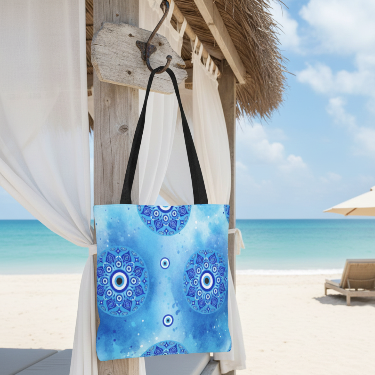 Blue Evil Eye Mandala Tote Bag | Watercolor Nazar Beach Bag | Coastal Protection Tote | Reusable Shopping Bag product thumbnail image