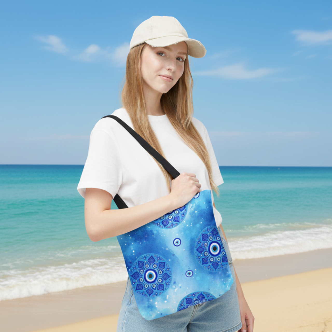 Blue Evil Eye Mandala Tote Bag | Watercolor Nazar Beach Bag | Coastal Protection Tote | Reusable Shopping Bag product thumbnail image Blue Evil Eye Mandala Tote Bag | Watercolor Nazar Beach Bag | Coastal Protection Tote | Reusable Shopping Bag product thumbnail image
