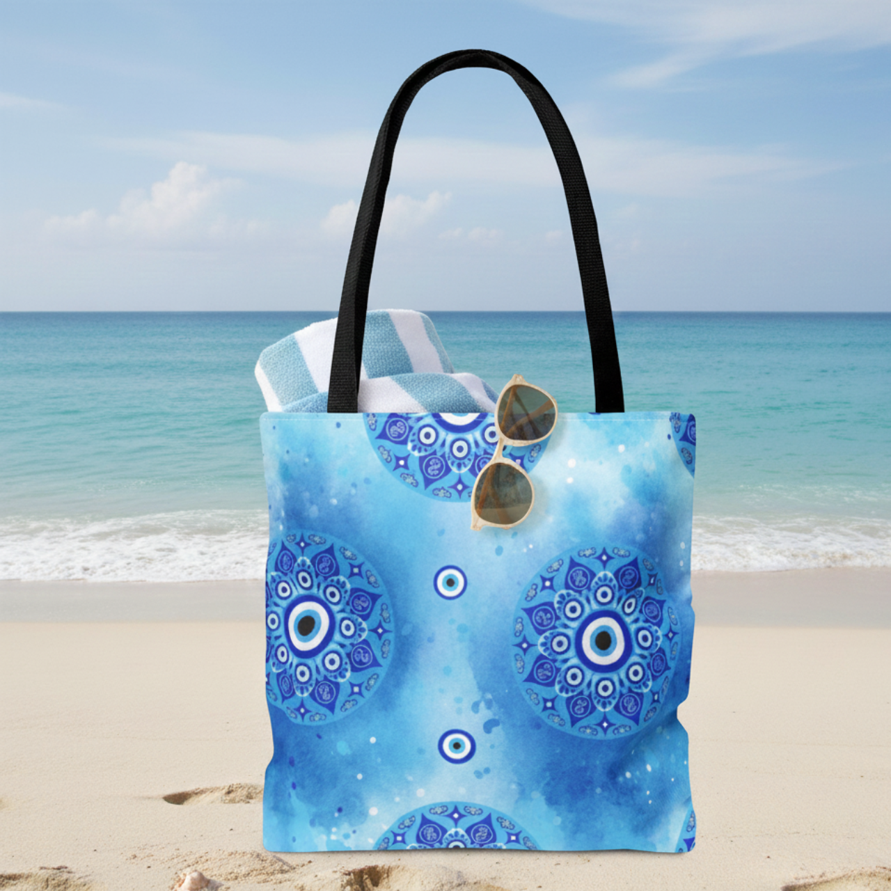 Blue Evil Eye Mandala Tote Bag | Watercolor Nazar Beach Bag | Coastal Protection Tote | Reusable Shopping Bag product thumbnail image Blue Evil Eye Mandala Tote Bag | Watercolor Nazar Beach Bag | Coastal Protection Tote | Reusable Shopping Bag product thumbnail image