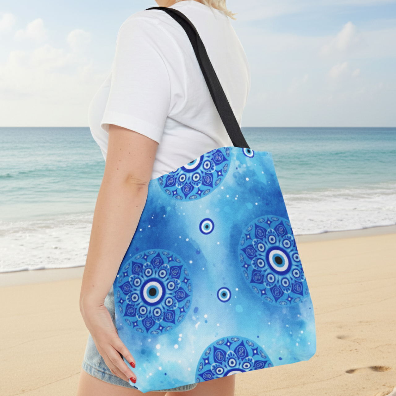 Blue Evil Eye Mandala Tote Bag | Watercolor Nazar Beach Bag | Coastal Protection Tote | Reusable Shopping Bag product thumbnail image Blue Evil Eye Mandala Tote Bag | Watercolor Nazar Beach Bag | Coastal Protection Tote | Reusable Shopping Bag product thumbnail image