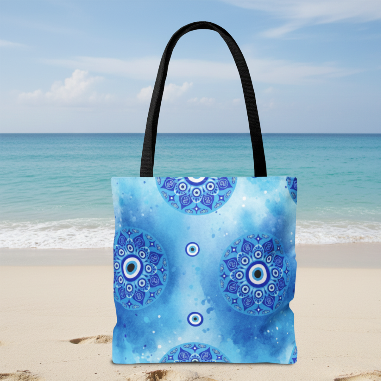 Blue Evil Eye Mandala Tote Bag | Watercolor Nazar Beach Bag | Coastal Protection Tote | Reusable Shopping Bag product thumbnail image Blue Evil Eye Mandala Tote Bag | Watercolor Nazar Beach Bag | Coastal Protection Tote | Reusable Shopping Bag product thumbnail image