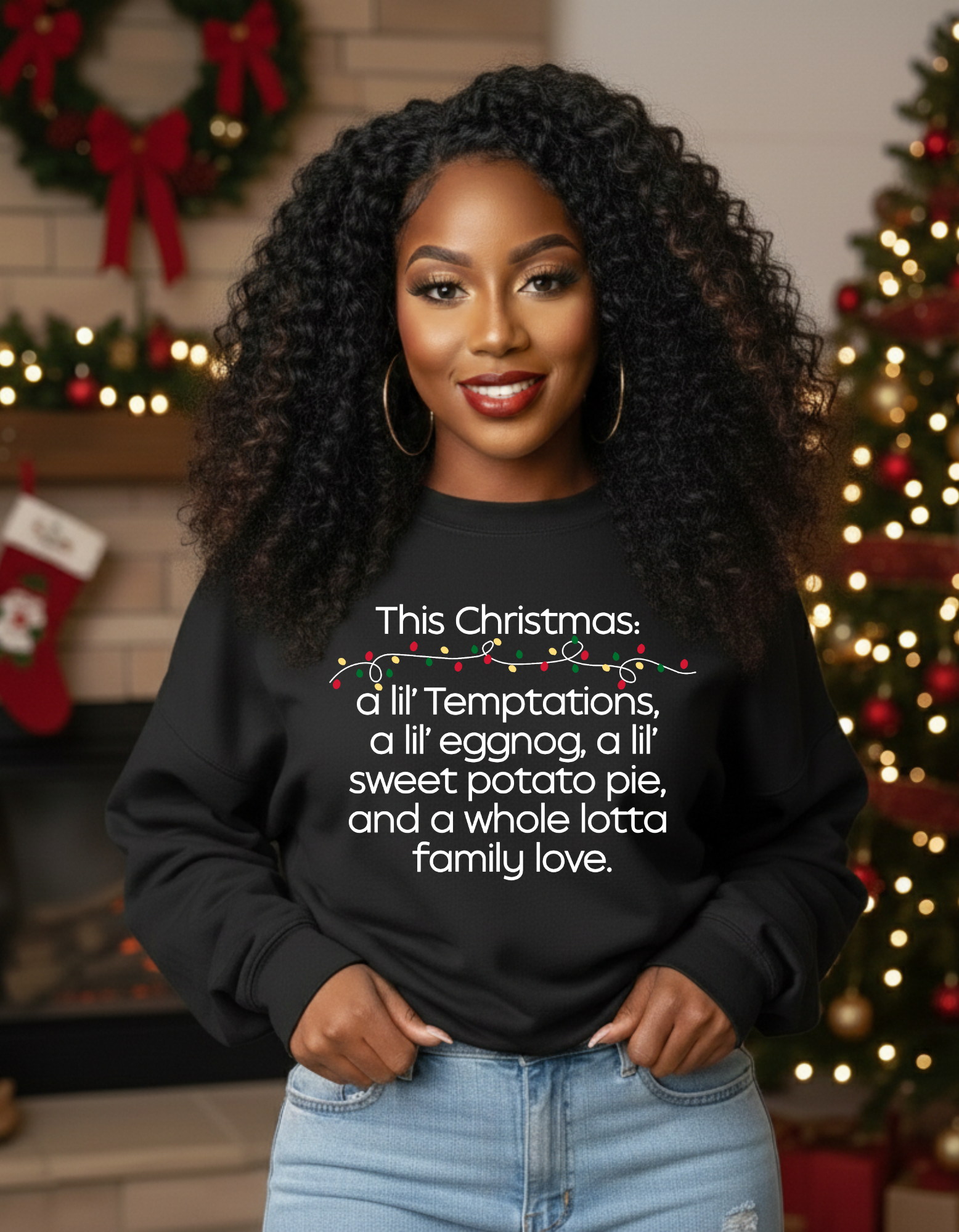 Christmas Sweatshirt Black Family Traditions – Unisex“This Christmas: a lil’ Temptations, a lil’ eggnog, a lil' sweet potato pie, and a whole lotta family love.” product thumbnail image Christmas Sweatshirt Black Family Traditions – Unisex“This Christmas: a lil’ Temptations, a lil’ eggnog, a lil' sweet potato pie, and a whole lotta family love.” product thumbnail image