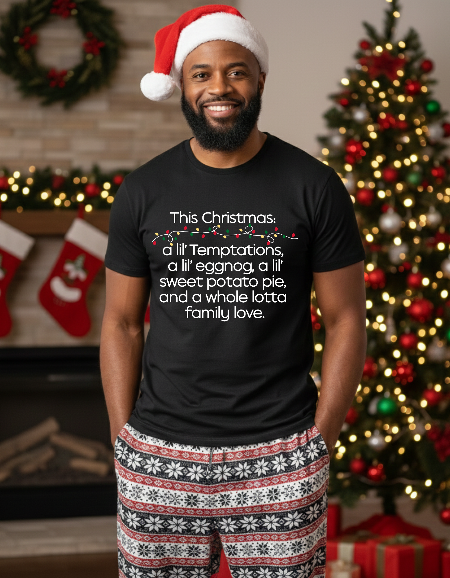  Christmas T-Shirt Black Family Traditions – Unisex“This Christmas: a lil’ Temptations, a lil’ eggnog, a lil' sweet potato pie, and a whole lotta family love.”