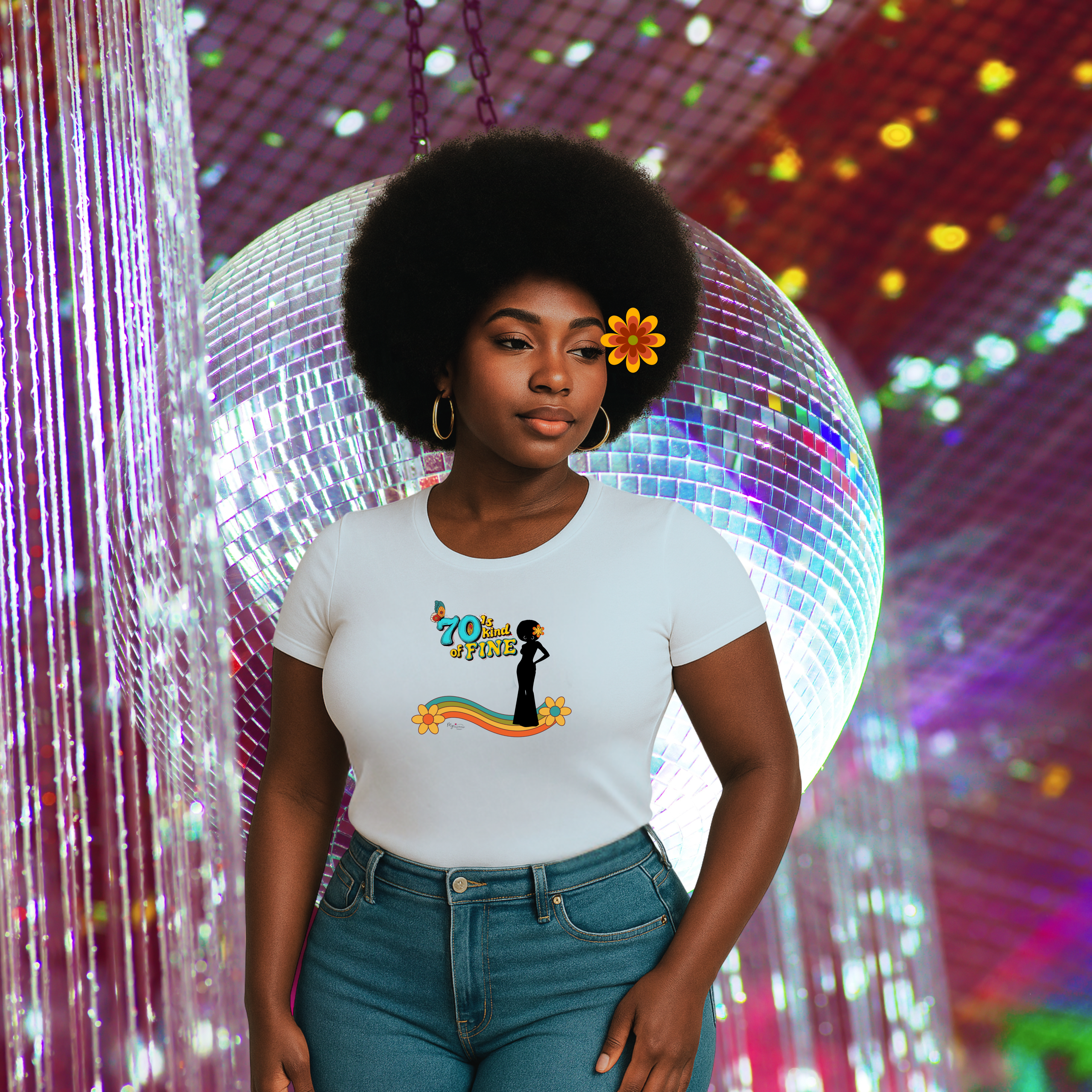 Women's Tee — '70s Kind of Fine' Afro Silhouette on Retro Rainbow