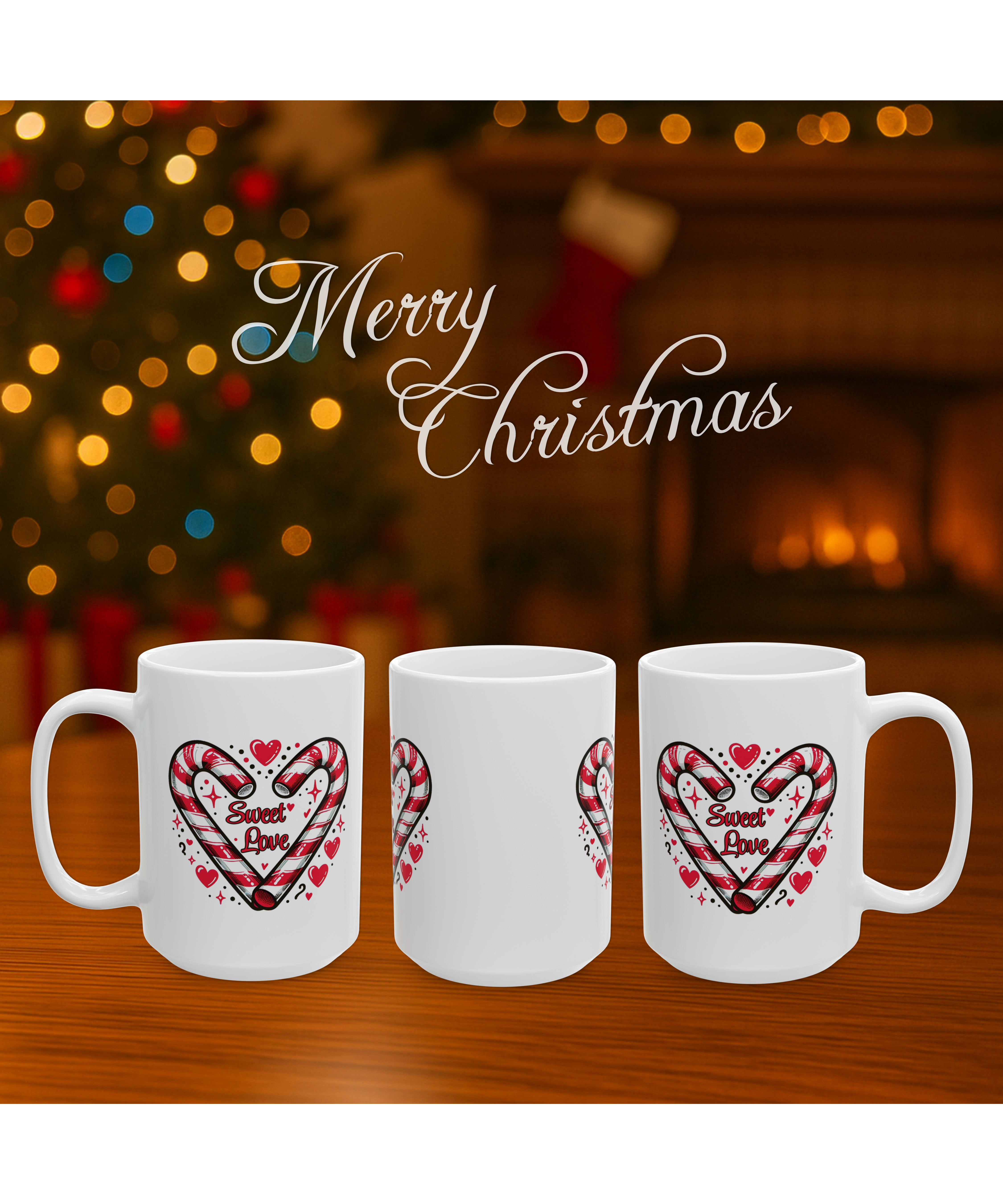 Sweet Love Candy Cane Heart Mug – Cute Holiday Coffee Cup, Christmas Cocoa Mug, Red &amp; White Festive Ceramic Cup (11oz &amp; 15oz), Dishwasher &amp; Microwave Safe