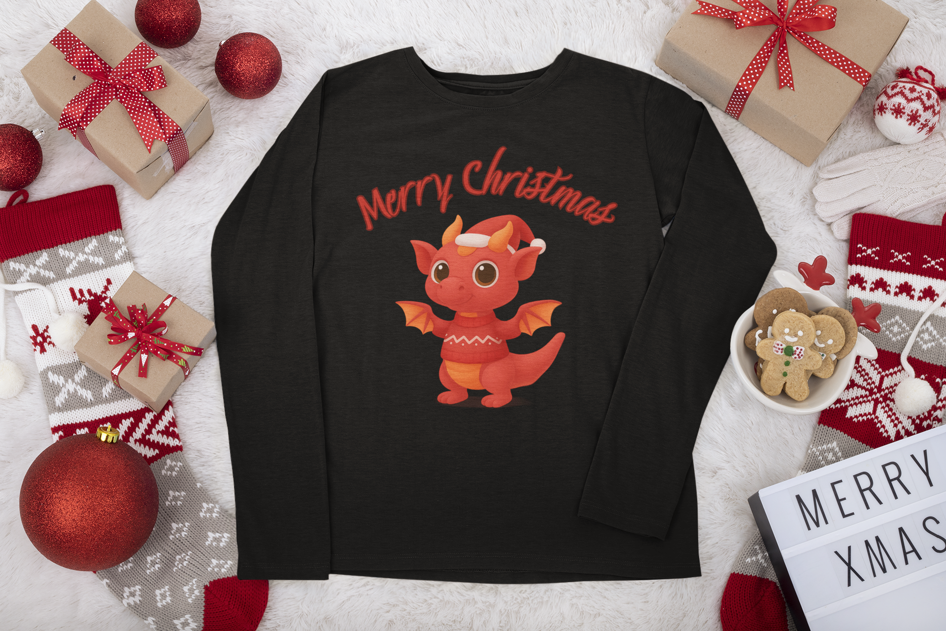 Red Baby Dragon Merry Christmas Long Sleeve | Cute Holiday Dragon Tee product thumbnail image