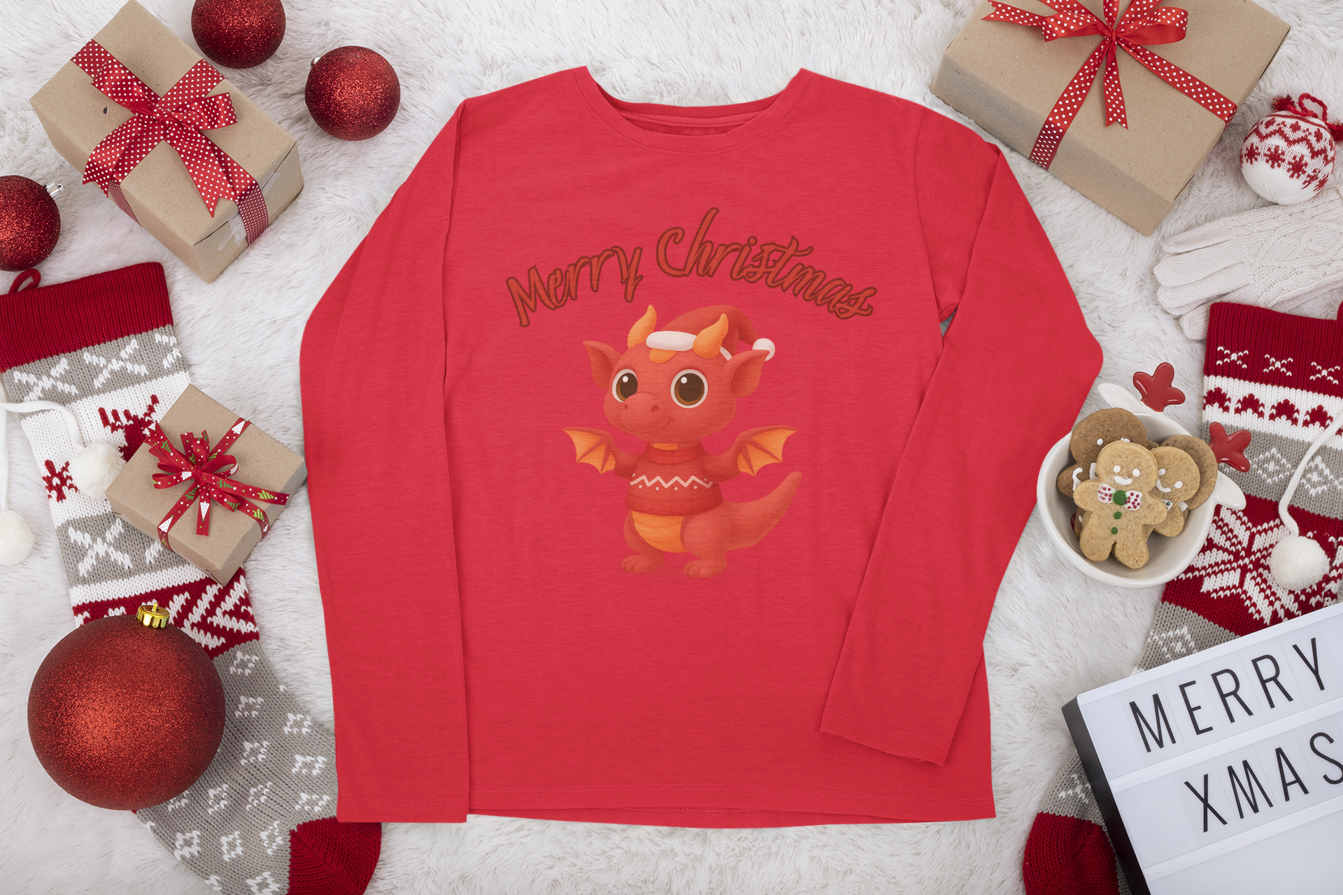 Red Baby Dragon Merry Christmas Long Sleeve | Cute Holiday Dragon Tee product thumbnail image Red Baby Dragon Merry Christmas Long Sleeve | Cute Holiday Dragon Tee product thumbnail image