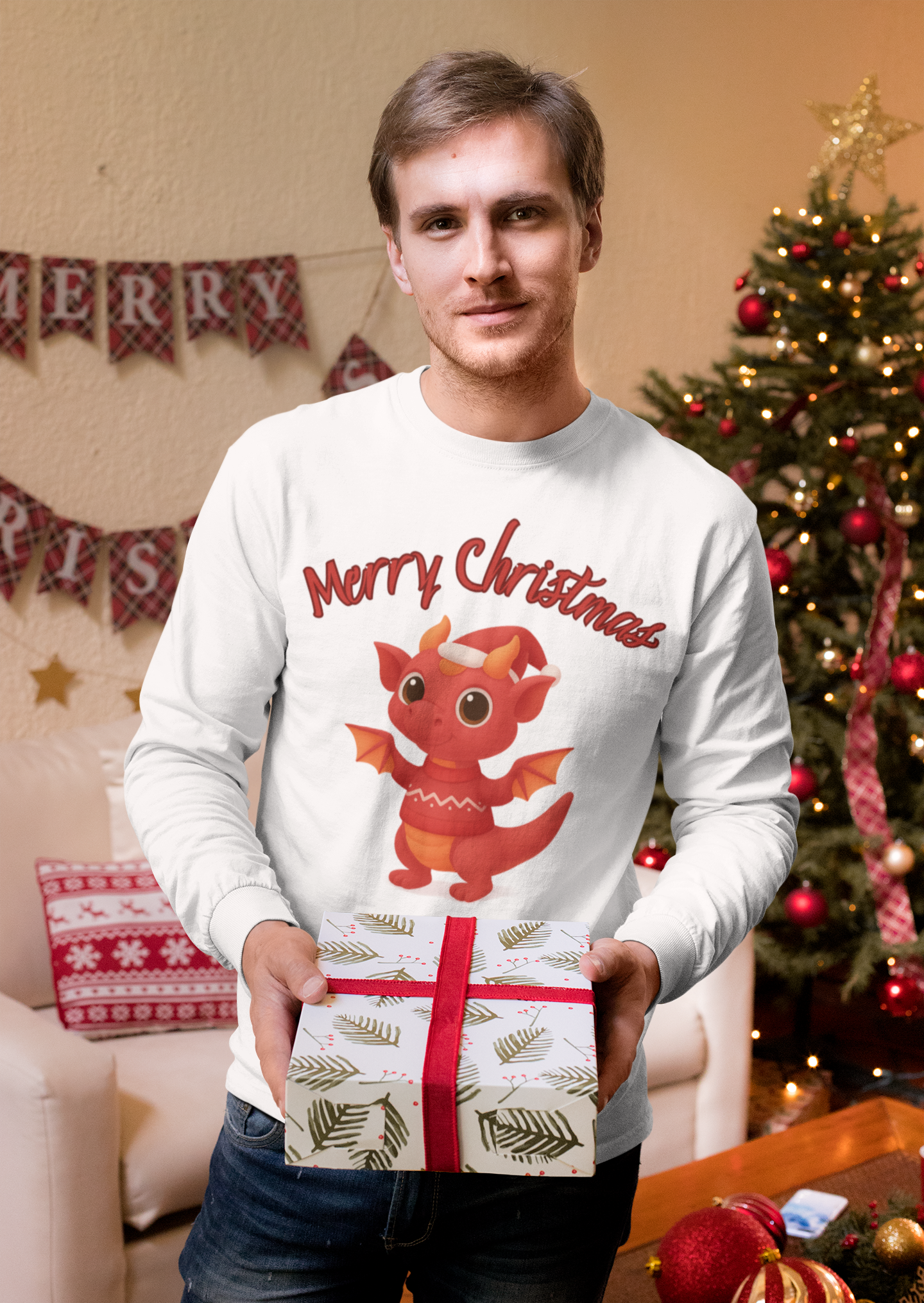 Red Baby Dragon Merry Christmas Long Sleeve | Cute Holiday Dragon Tee product thumbnail image Red Baby Dragon Merry Christmas Long Sleeve | Cute Holiday Dragon Tee product thumbnail image