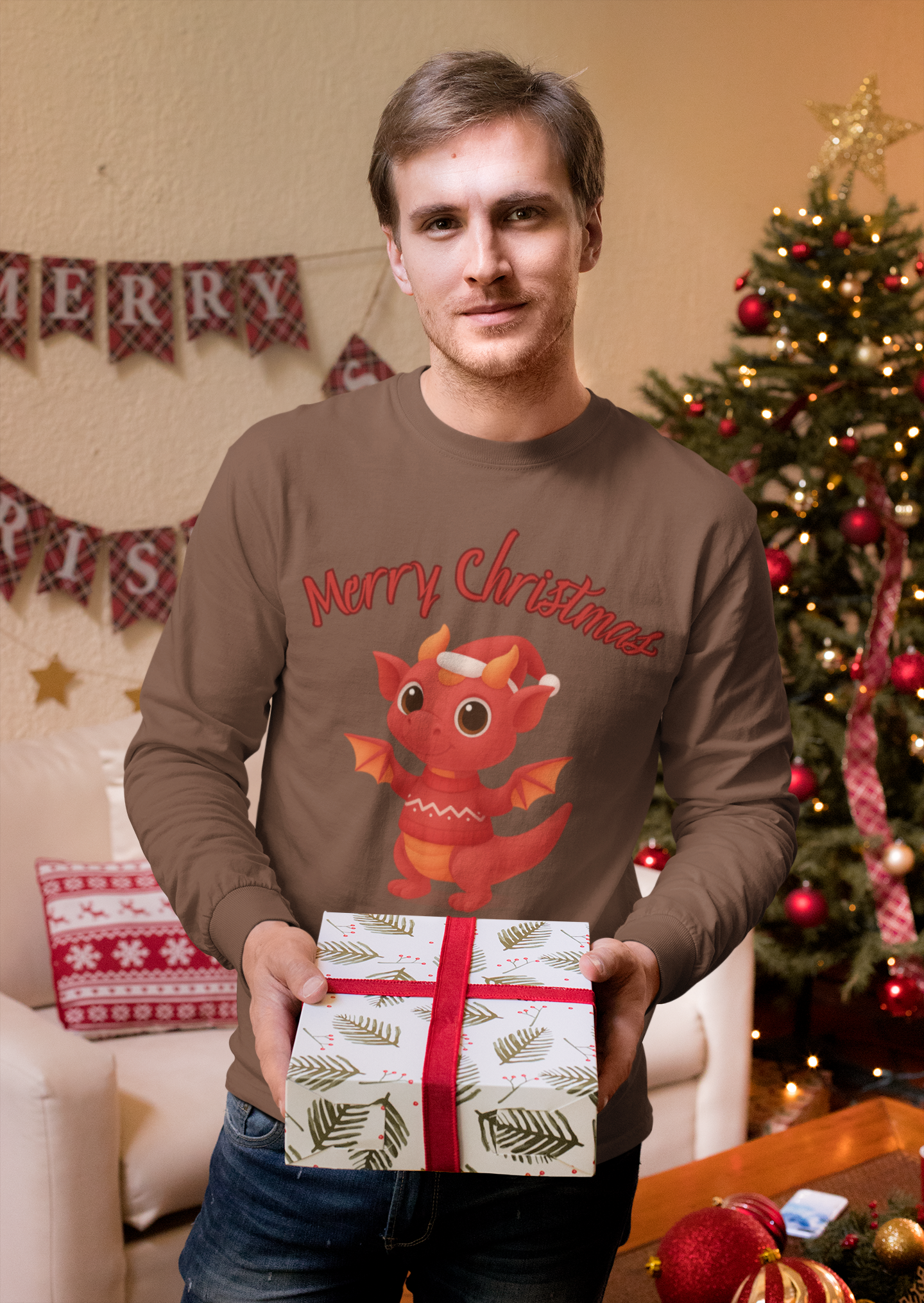 Red Baby Dragon Merry Christmas Long Sleeve | Cute Holiday Dragon Tee product thumbnail image Red Baby Dragon Merry Christmas Long Sleeve | Cute Holiday Dragon Tee product thumbnail image