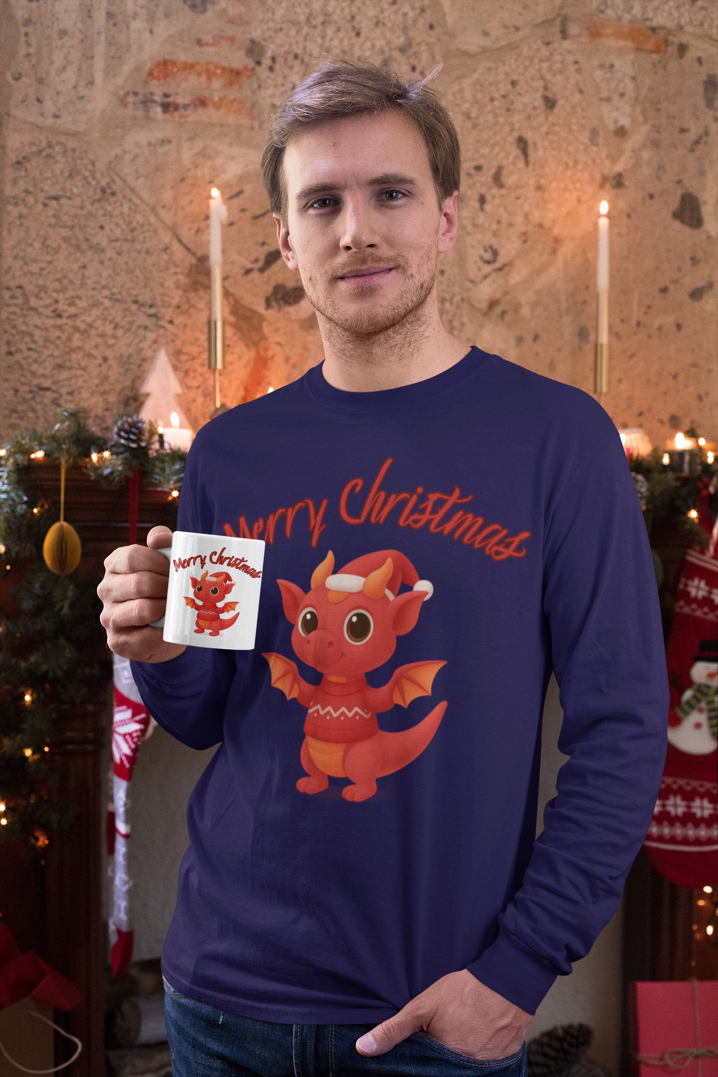 Red Baby Dragon Merry Christmas Long Sleeve | Cute Holiday Dragon Tee product thumbnail image Red Baby Dragon Merry Christmas Long Sleeve | Cute Holiday Dragon Tee product thumbnail image