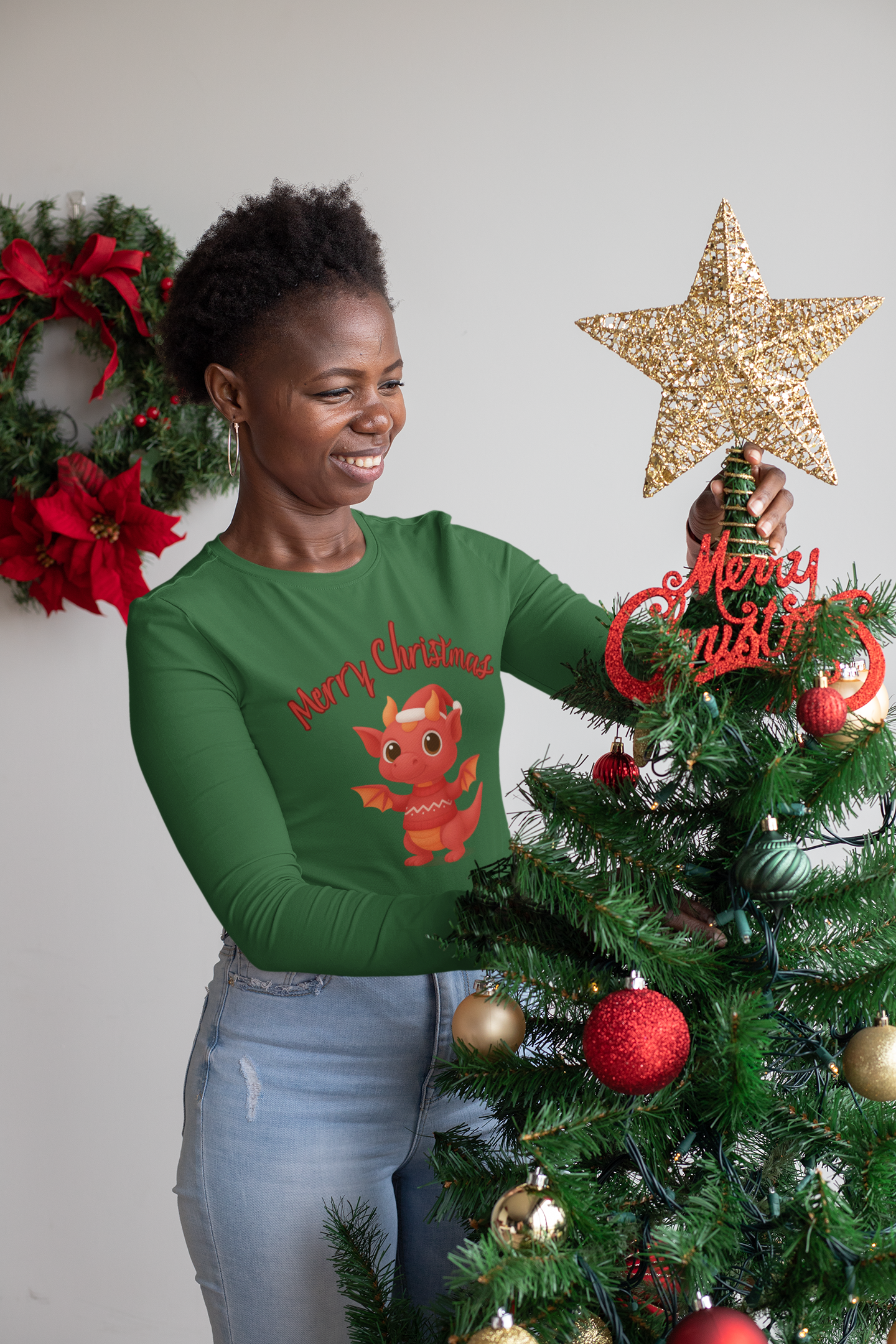 Red Baby Dragon Merry Christmas Long Sleeve | Cute Holiday Dragon Tee product thumbnail image