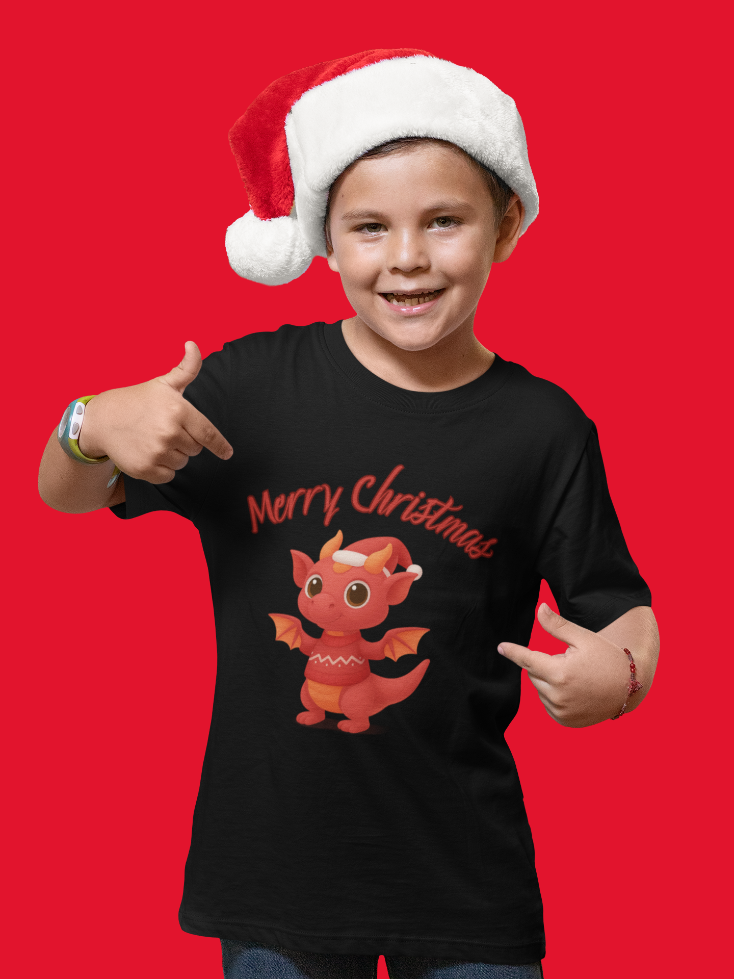 Red Baby Dragon Merry Christmas Kids Tee | Holiday Dragon Shirt product thumbnail image