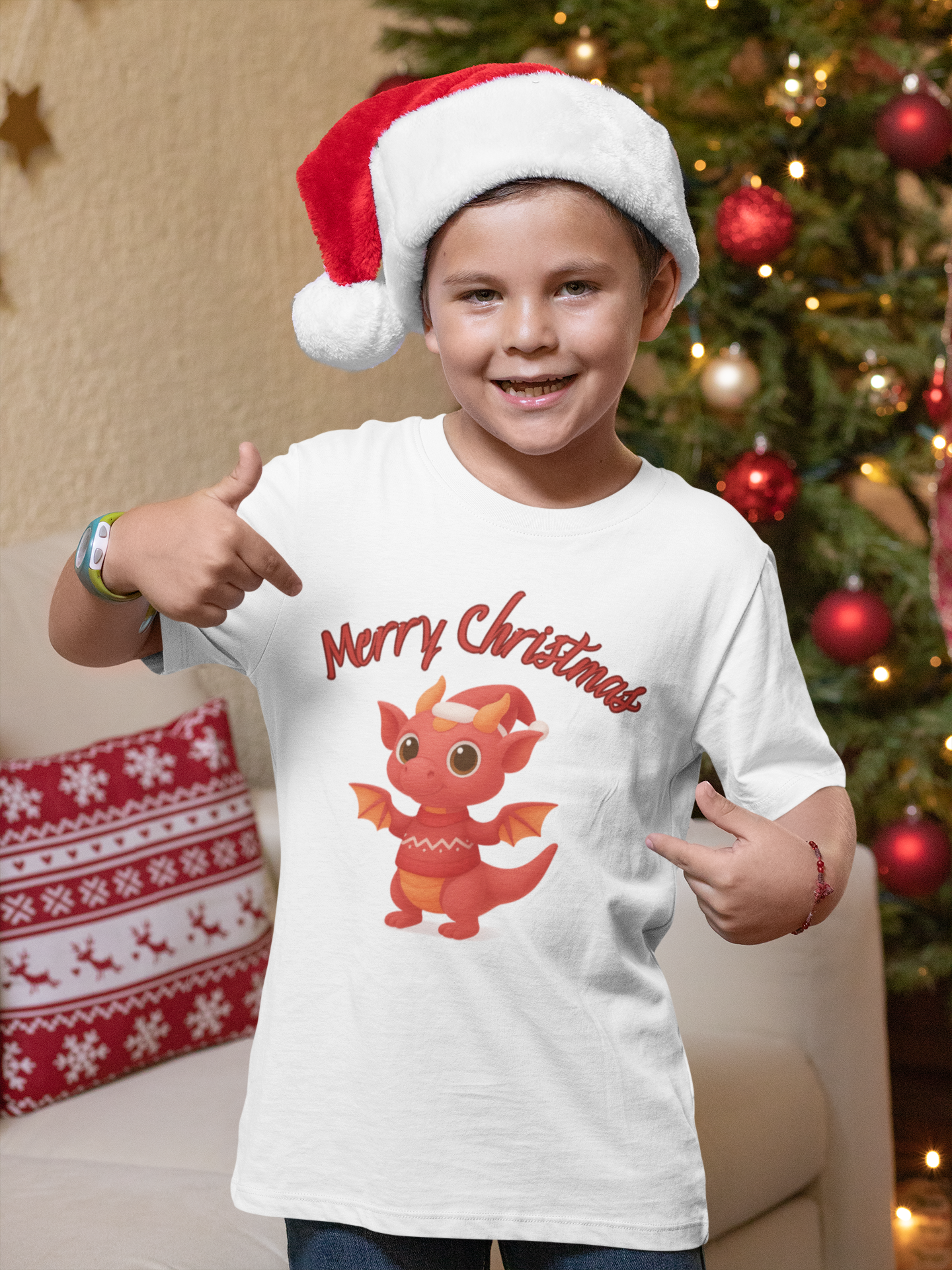 Red Baby Dragon Merry Christmas Kids Tee | Holiday Dragon Shirt product thumbnail image Red Baby Dragon Merry Christmas Kids Tee | Holiday Dragon Shirt product thumbnail image