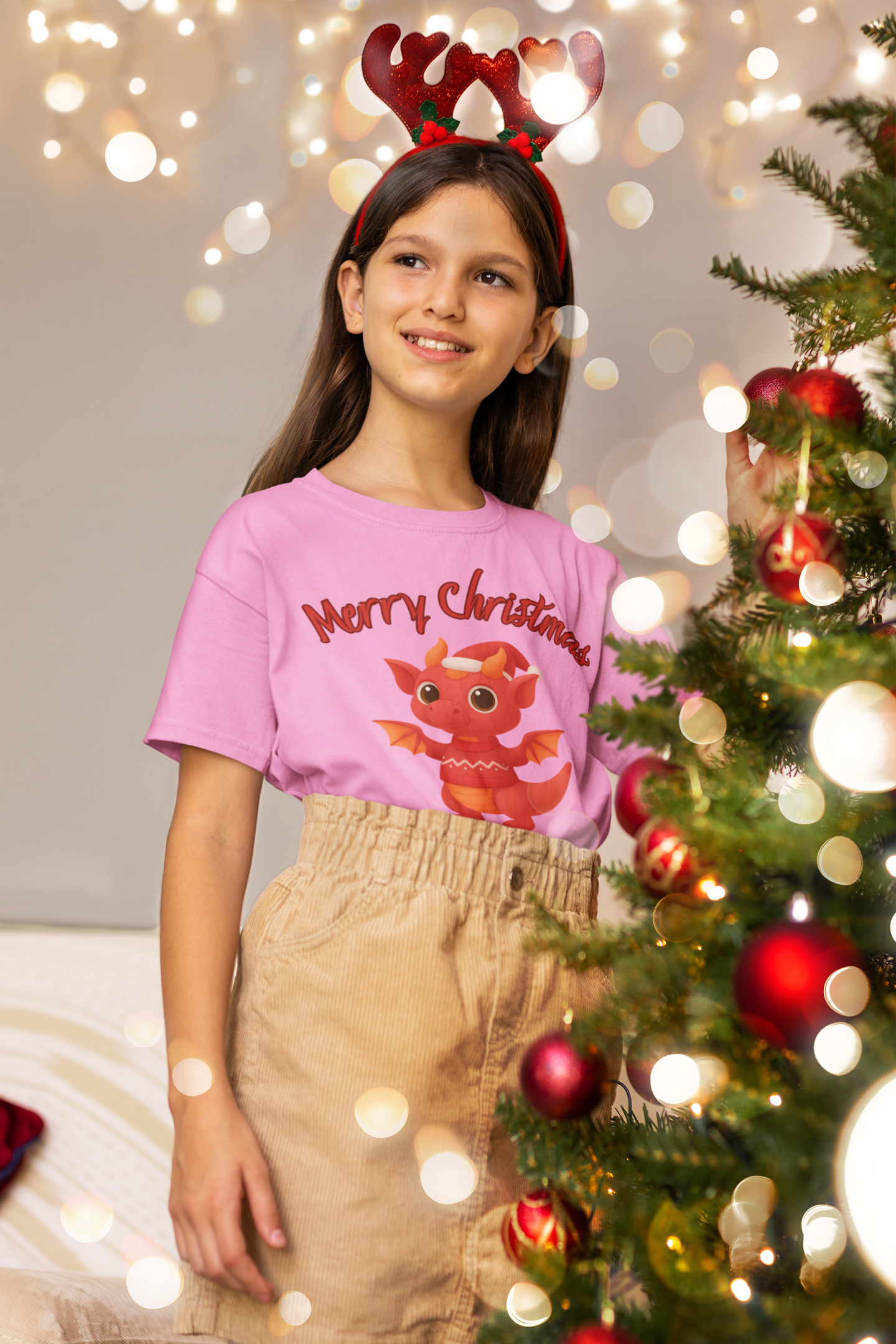 Red Baby Dragon Merry Christmas Kids Tee | Holiday Dragon Shirt product thumbnail image
