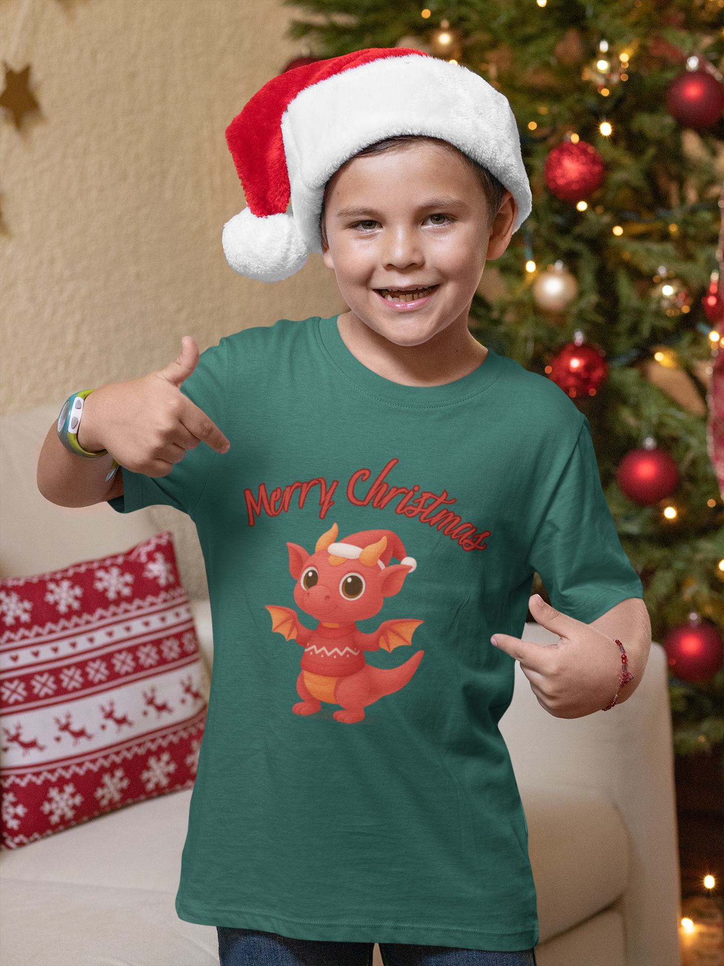 Red Baby Dragon Merry Christmas Kids Tee | Holiday Dragon Shirt product thumbnail image