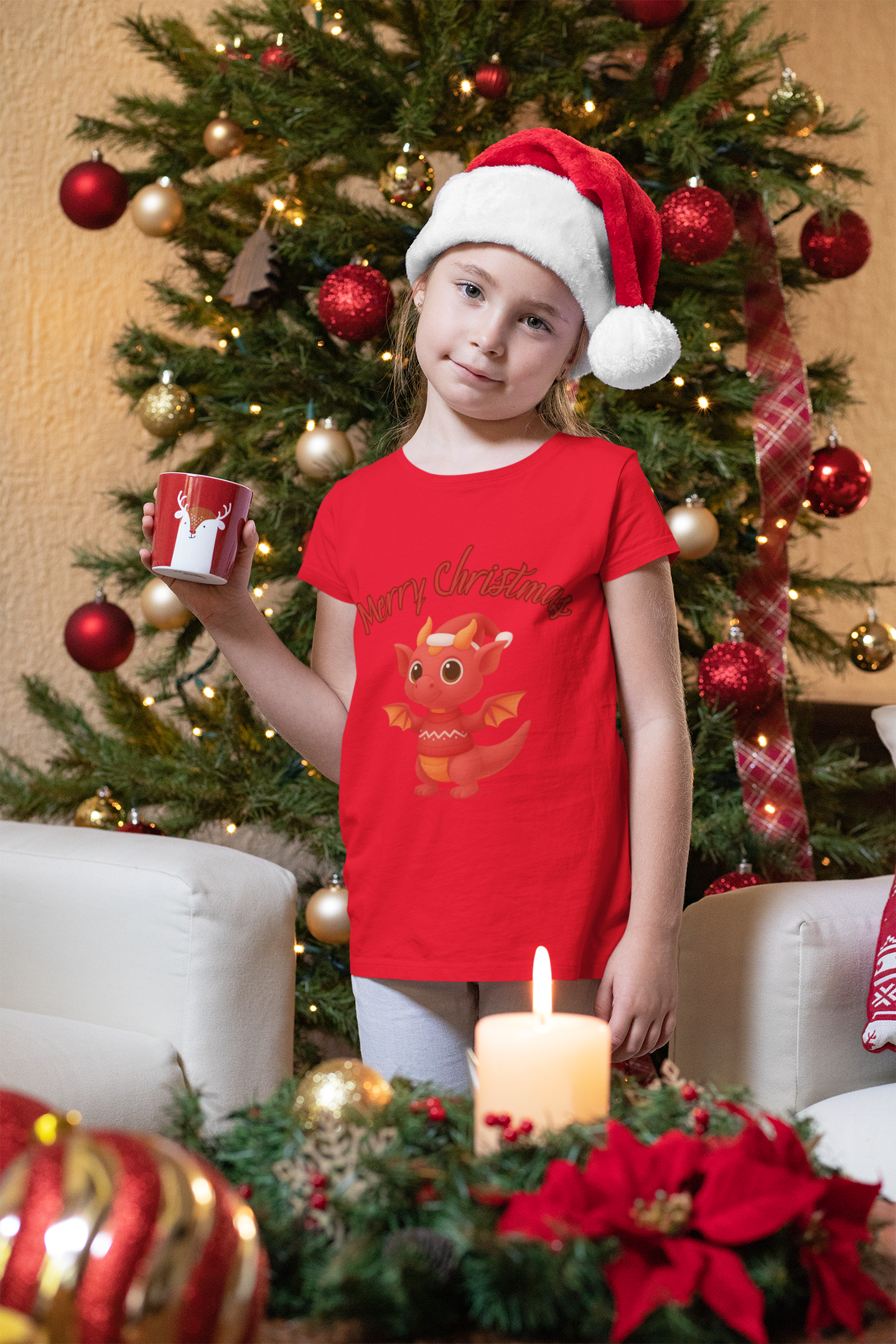 Red Baby Dragon Merry Christmas Kids Tee | Holiday Dragon Shirt product thumbnail image