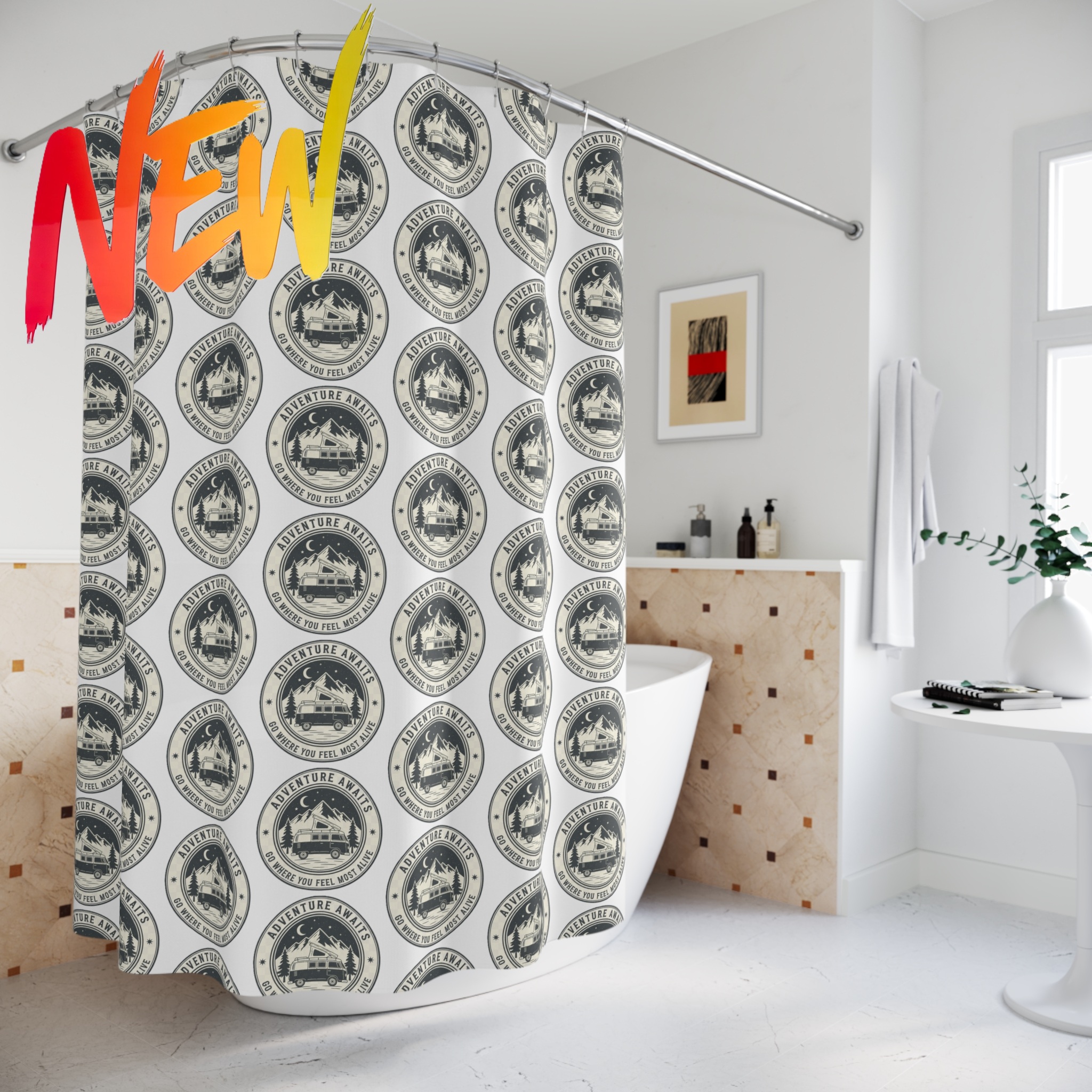 "NEW"Vintage Cabin Seal Shower Curtain – "Adventure Awaits-Go Where You Feel Most Alive" Rustic Mountain Lodge Bathroom Decor product thumbnail image