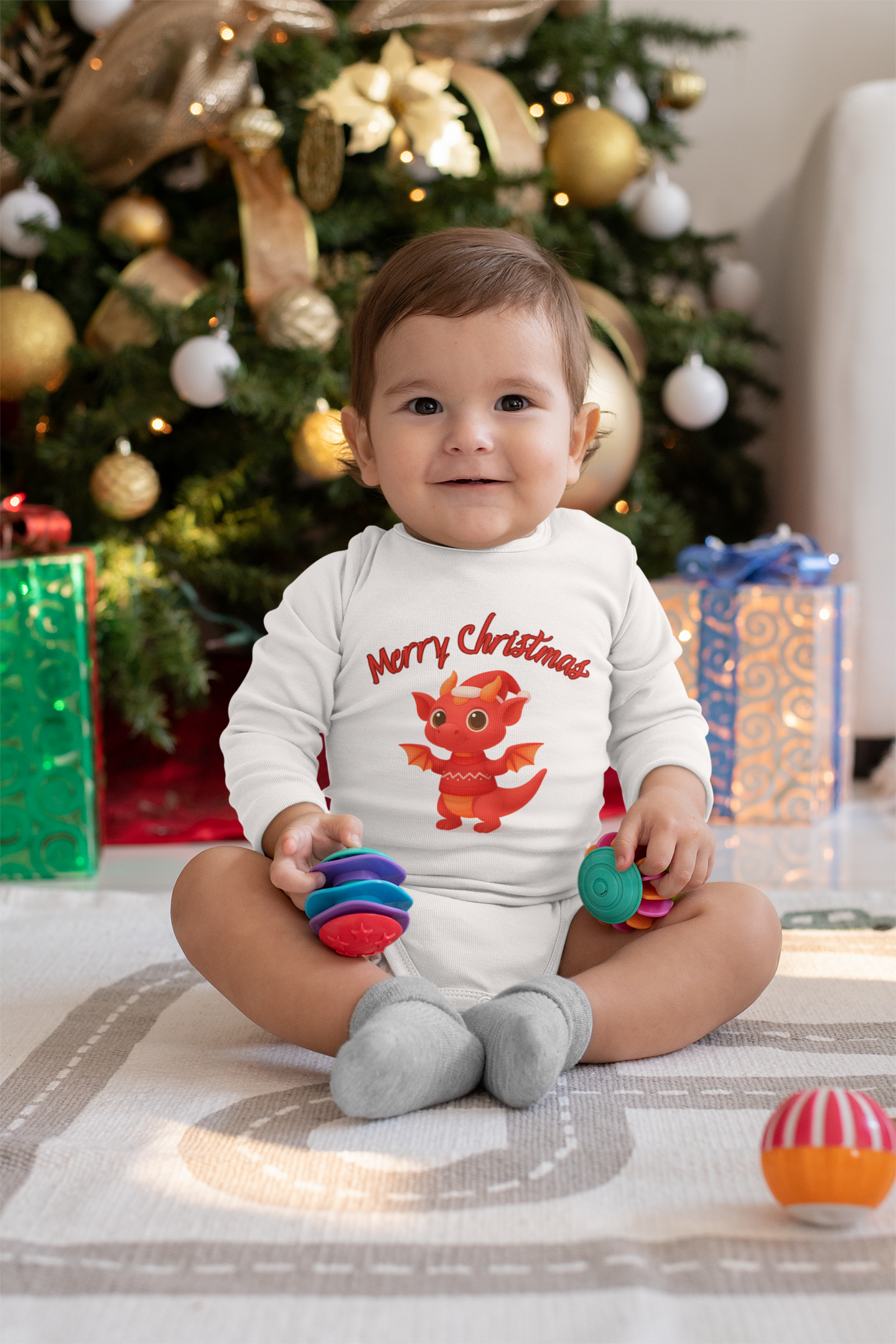 Red Baby Dragon Merry Christmas Infant Bodysuit | Holiday Cute Dino product thumbnail image Red Baby Dragon Merry Christmas Infant Bodysuit | Holiday Cute Dino product thumbnail image