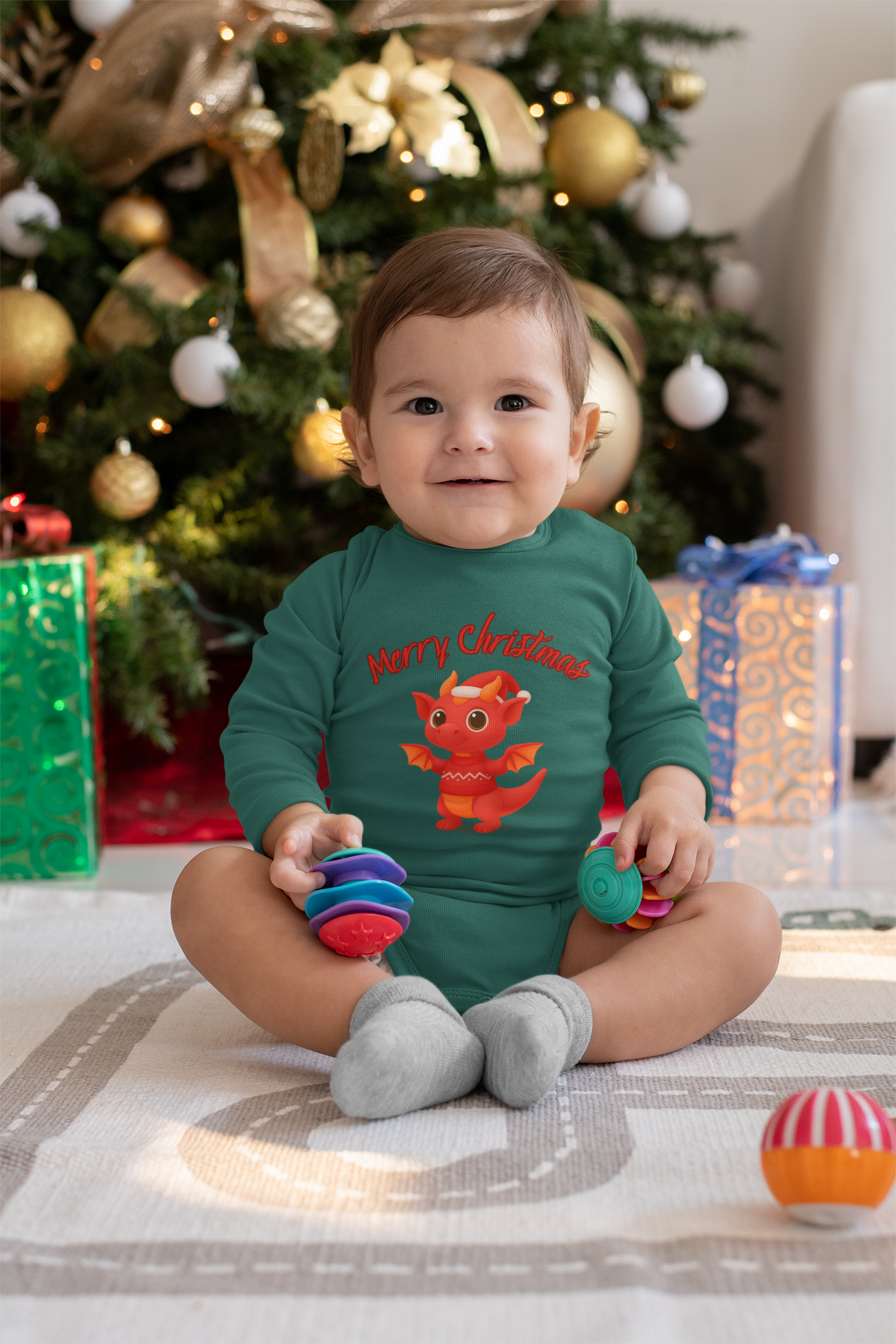 Red Baby Dragon Merry Christmas Infant Bodysuit | Holiday Cute Dino product thumbnail image Red Baby Dragon Merry Christmas Infant Bodysuit | Holiday Cute Dino product thumbnail image