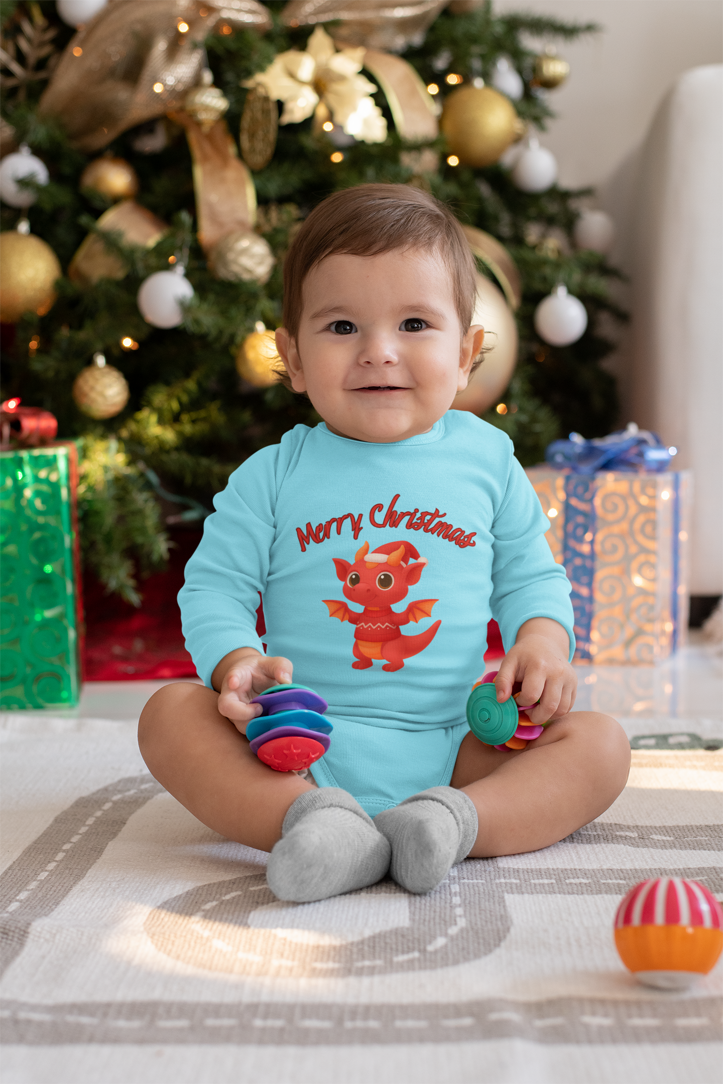 Red Baby Dragon Merry Christmas Infant Bodysuit | Holiday Cute Dino product thumbnail image Red Baby Dragon Merry Christmas Infant Bodysuit | Holiday Cute Dino product thumbnail image